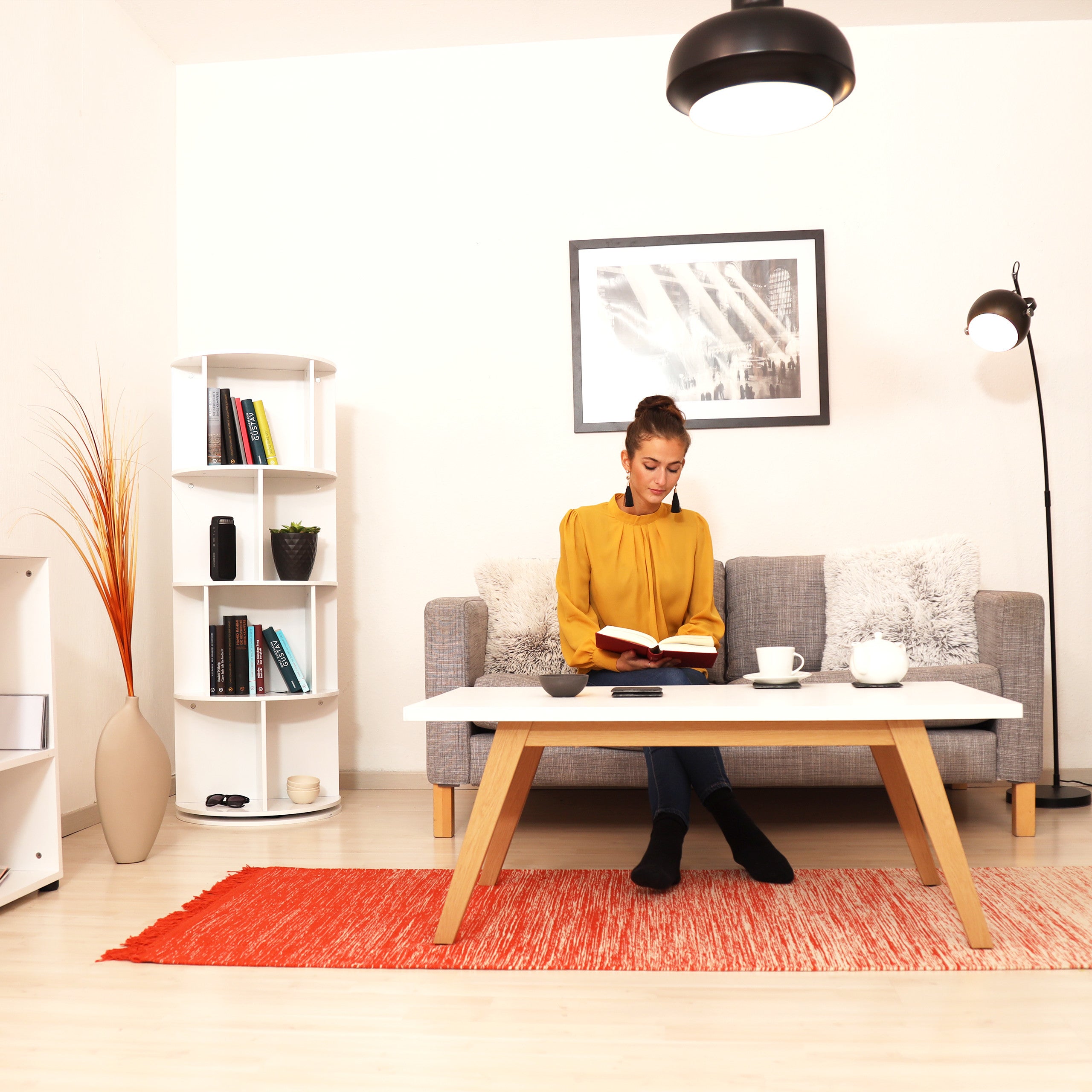 Estante giratória, prateleira rotativa, MDF, armazenamento de CD/DVD, 138 x 50 cm, branca, Relaxdays - 2