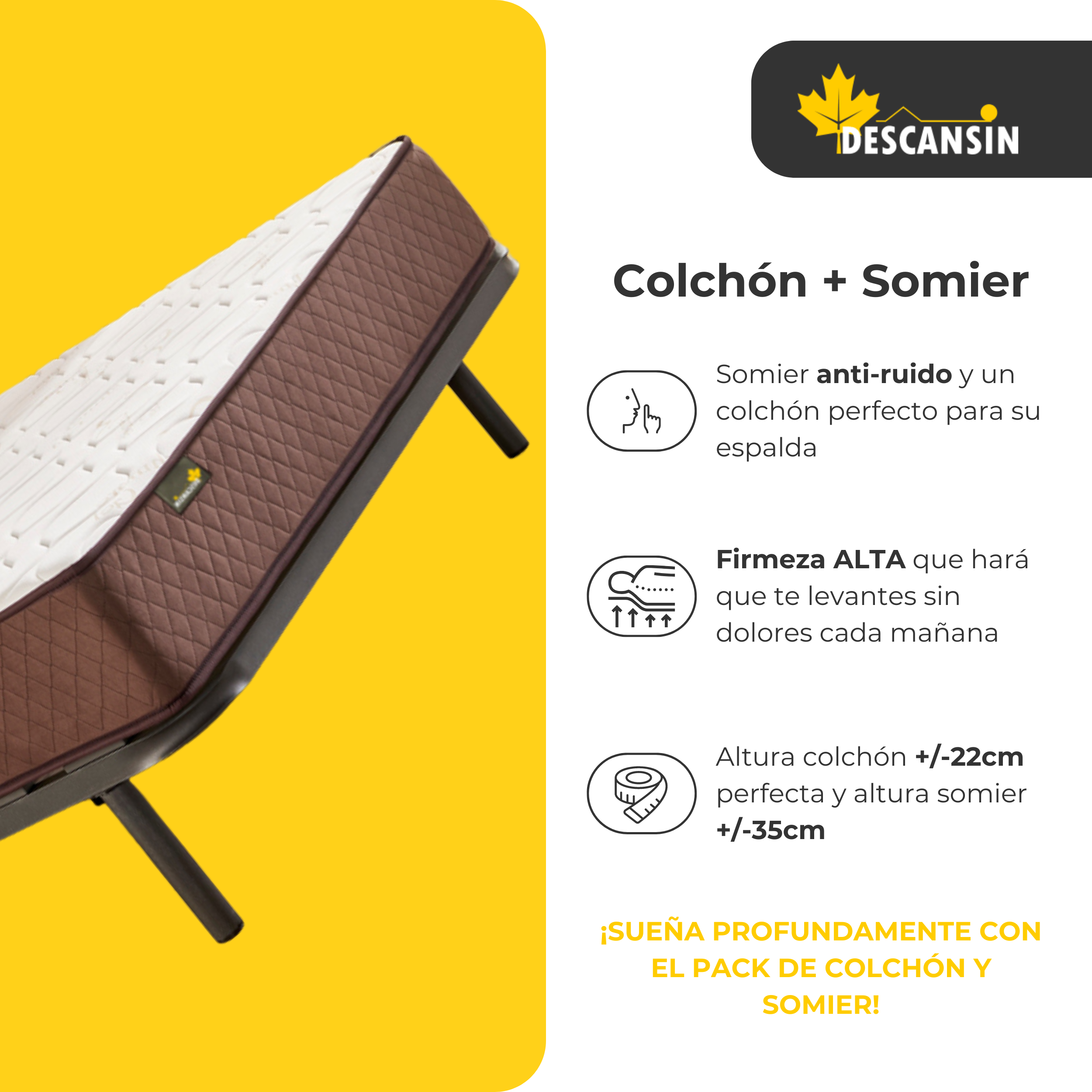Pack Colchón Descansin + Somier con patas 190x200 | Ideal para Personas con Dolores de Espalda | Alta Firmeza | Silencioso - 2