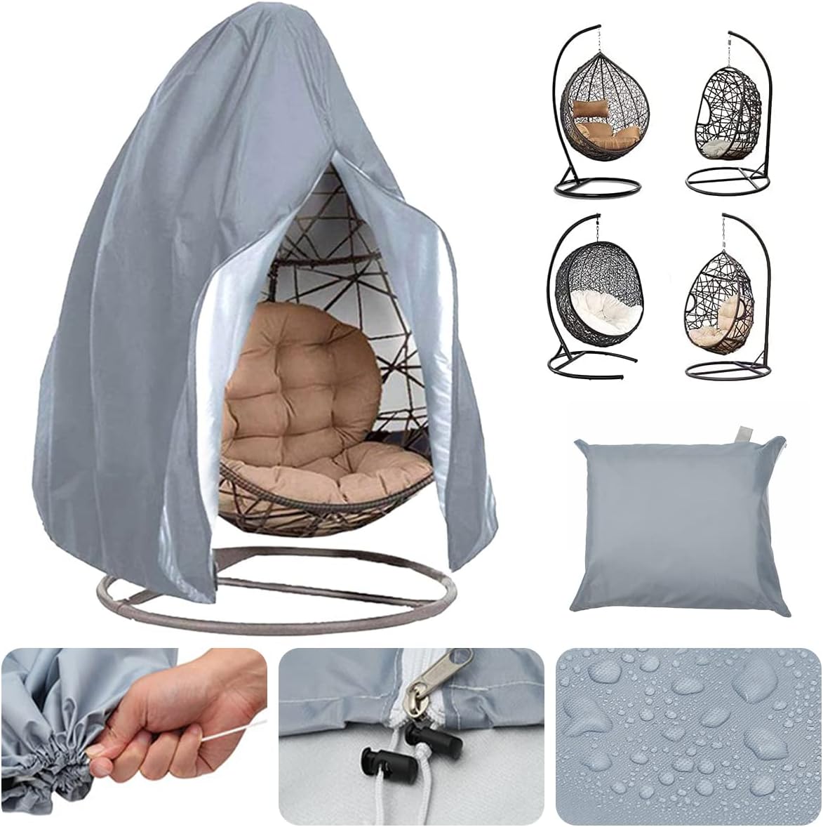 Pokrowiec na krzesło wiszące, pokrowiec na huśtawkę rattanową w kształcie jajka, wodoodporny i pyłoszczelny (szary)