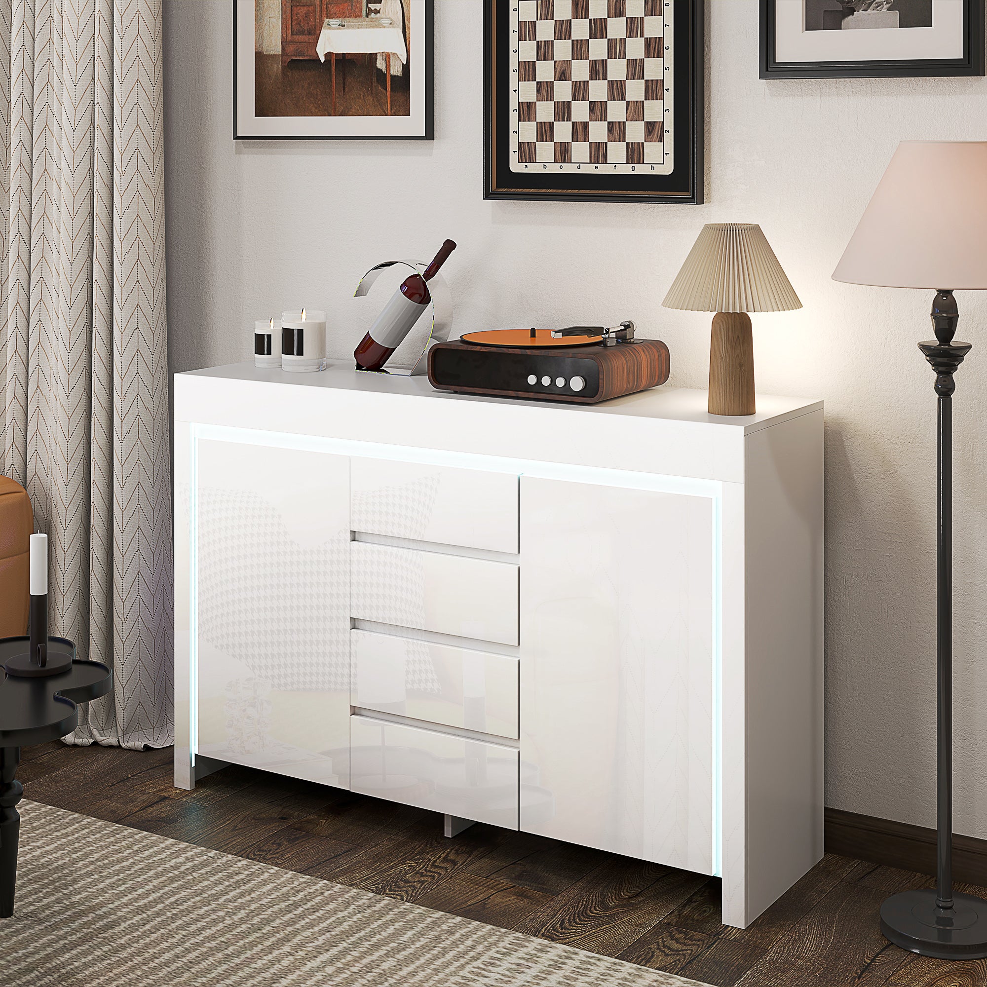 Buffet salon, meuble de rangement avec éclairage LED 4 tiroirs portes à ...