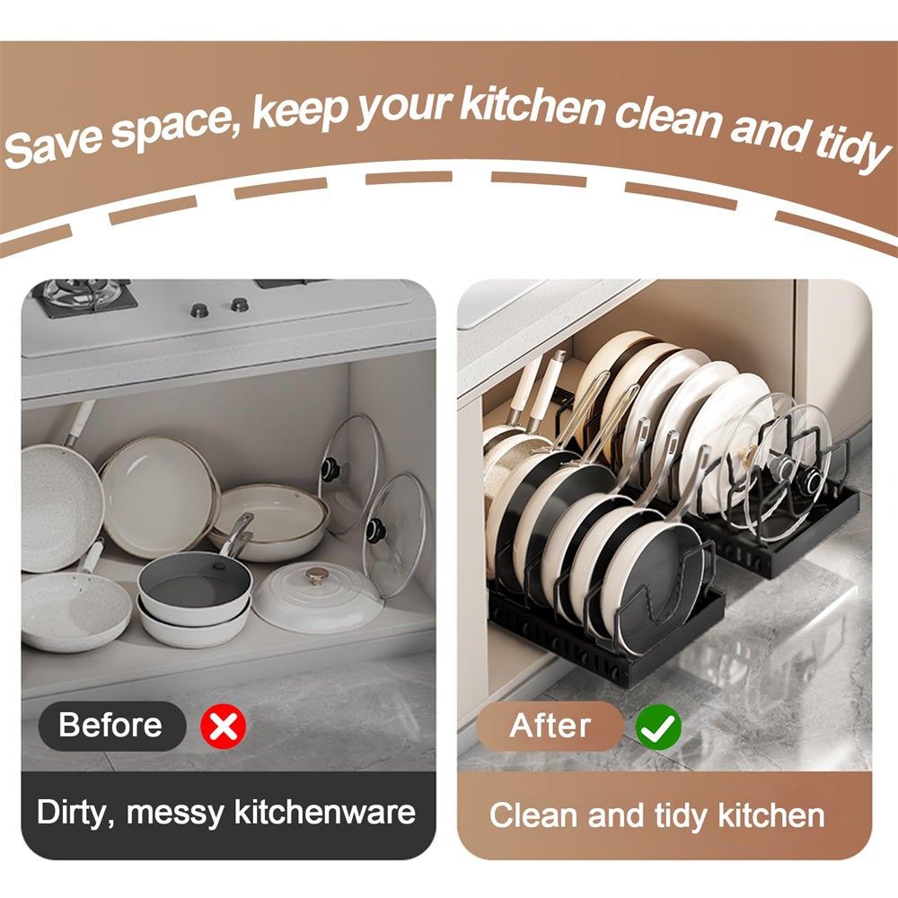 Organisateur de casseroles et poêles sous l'armoire, pour armoire, organisateur d'armoire coulissant avec 8 séparateurs réglables noir - 5