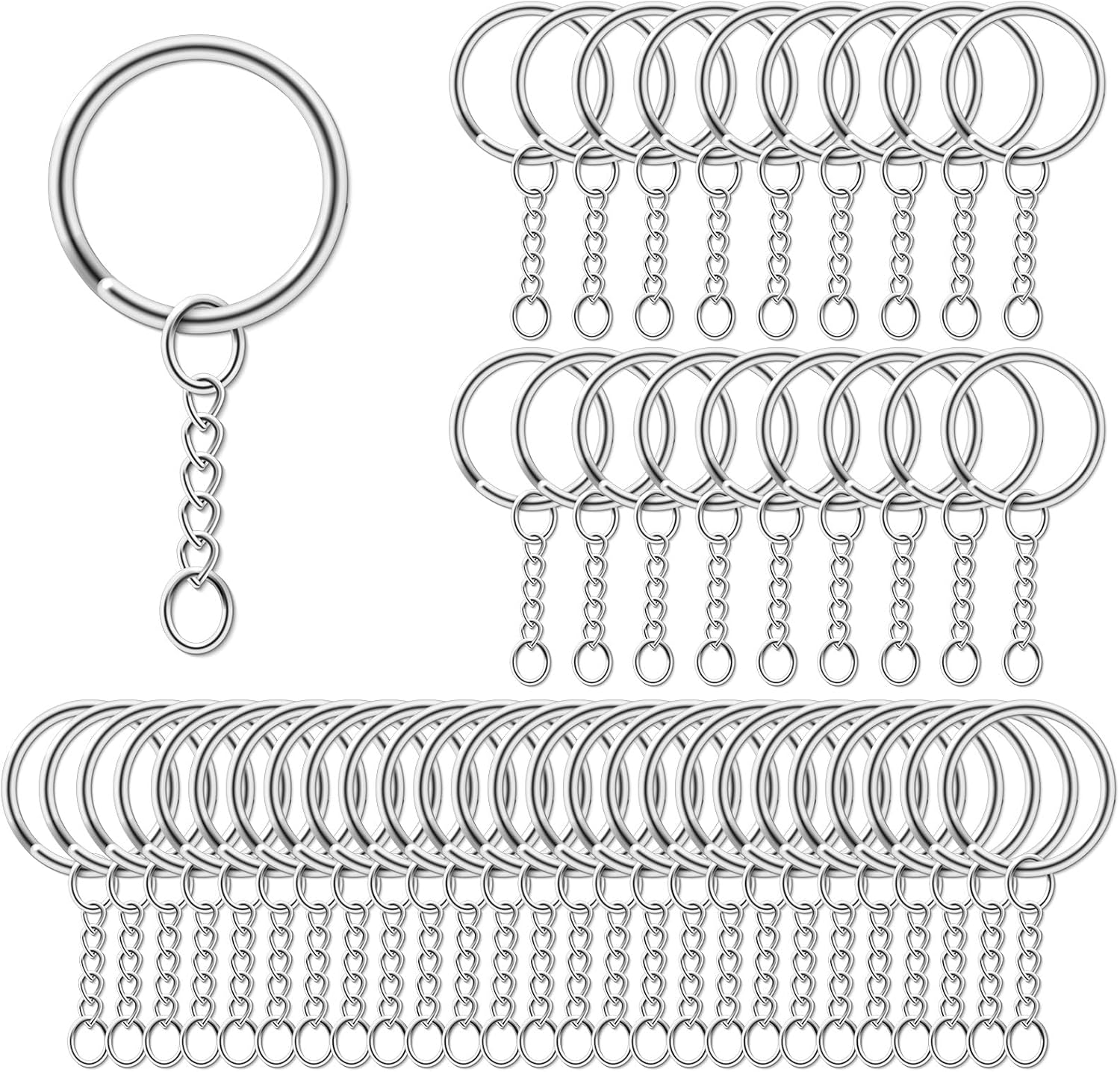 100 sztuk 25 mm - srebrny brelok do kluczy z łańcuszkiem, brelok do kluczy z dzielonym kółkiem, brelok do kluczy DIY, brelok hobbystyczny