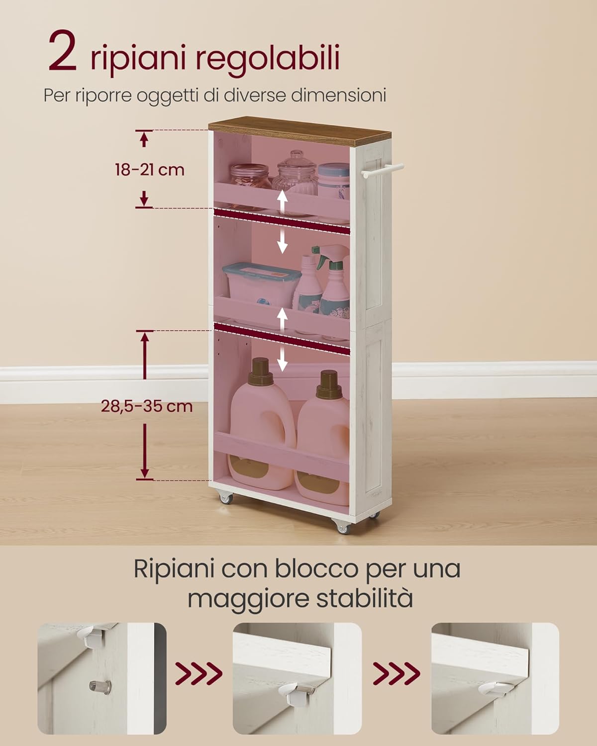 Carrello Portaoggetti Stretto 4 Ripiani | Per Cucina E Bagno | 2 Cestini Metallici E 2 Vassoi Legno | Con Maniglia Ad Arco