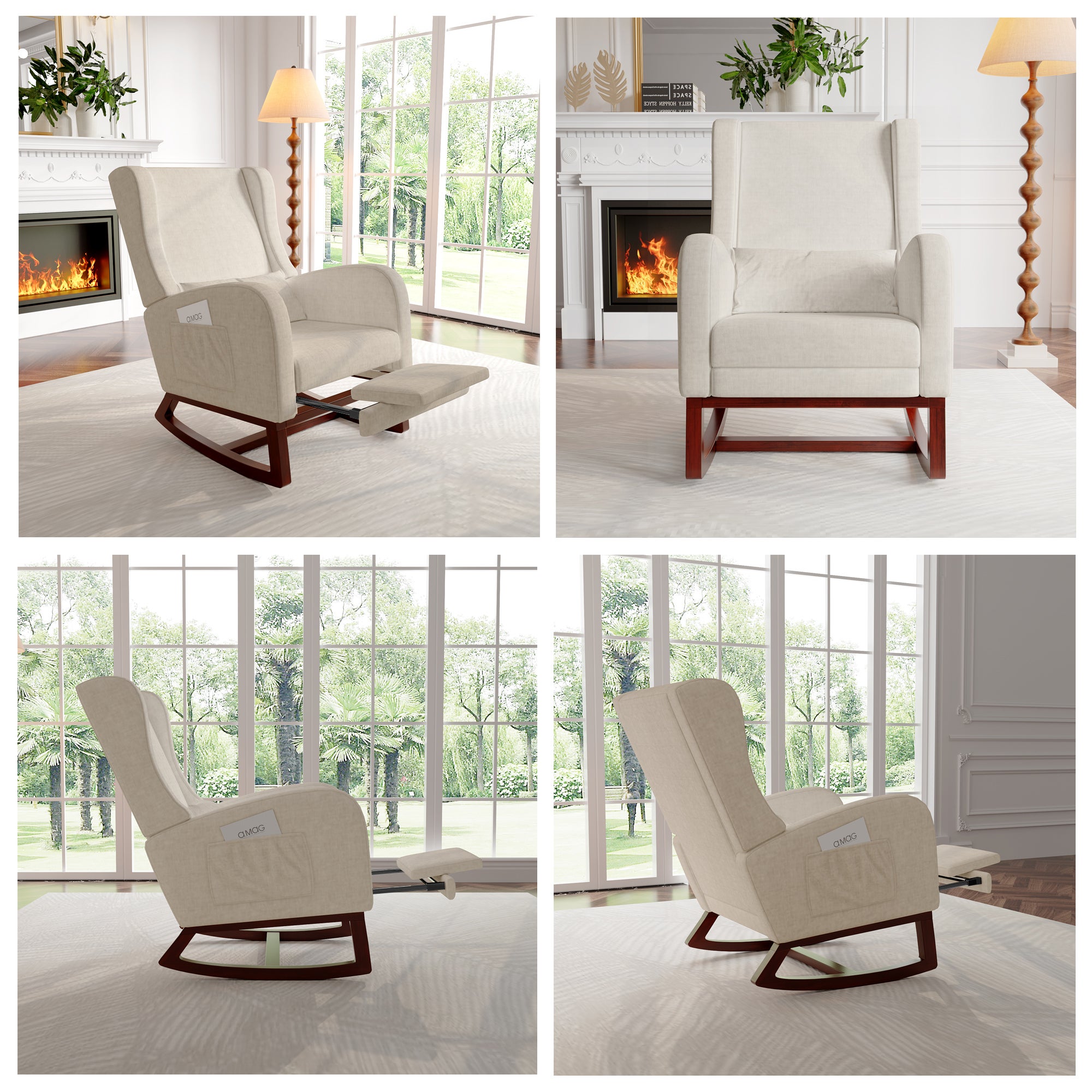 Fauteuil à Bascule avec Repose-Pieds, Chaise a Bascule Allaitement Rocking Chair intérieur extérieur Fauteuil allaitement avec Pocheen Bois, Beige - 5