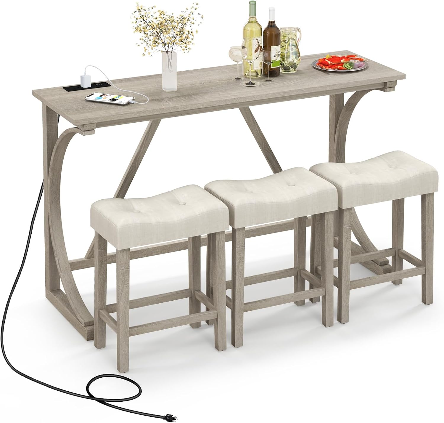 4-Częściowy Zestaw Stołowy do Baru z Gniazdkiem, Wysoki Zestaw Stołowy do Jadalni z 3 Tapicerowanymi Stołkami, Drewniany Zestaw Stołowy w Stylu Bistro