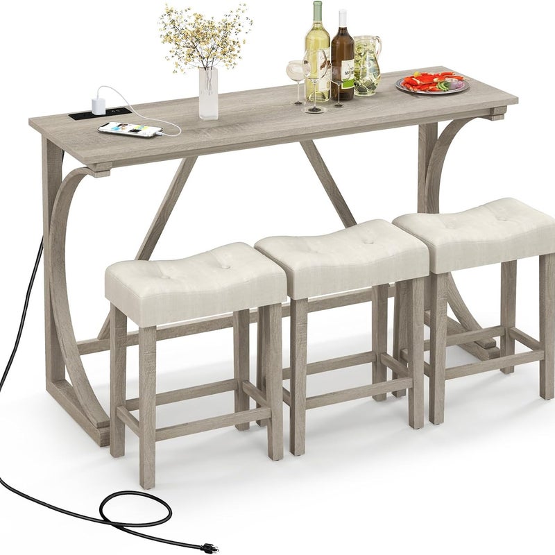 4-Częściowy Zestaw Stołowy do Baru z Gniazdkiem, Wysoki Zestaw Stołowy do Jadalni z 3 Tapicerowanymi Stołkami, Drewniany Zestaw Stołowy w Stylu Bistro