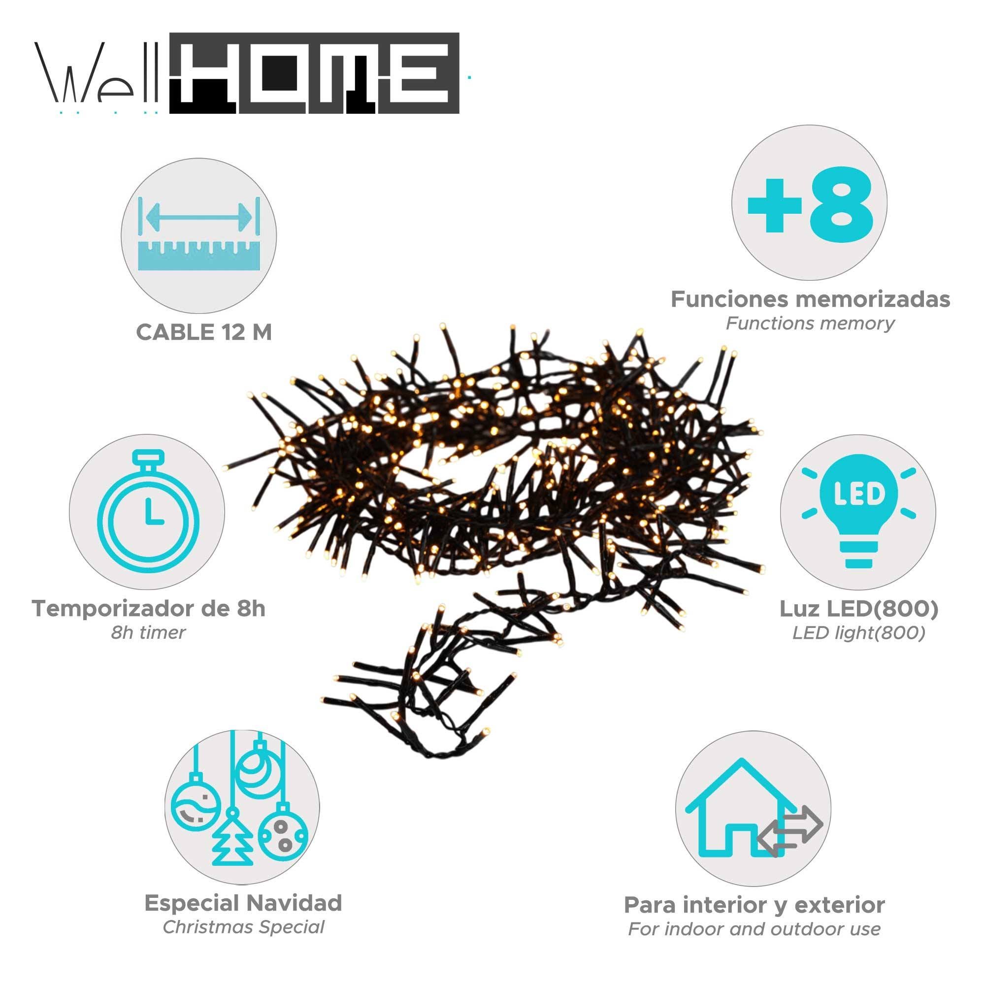 WellHome Guirnalda Clúster de 800 Luces LED Blancas extra cálidas con 8 funciones y temporizador - 12 metros - 2
