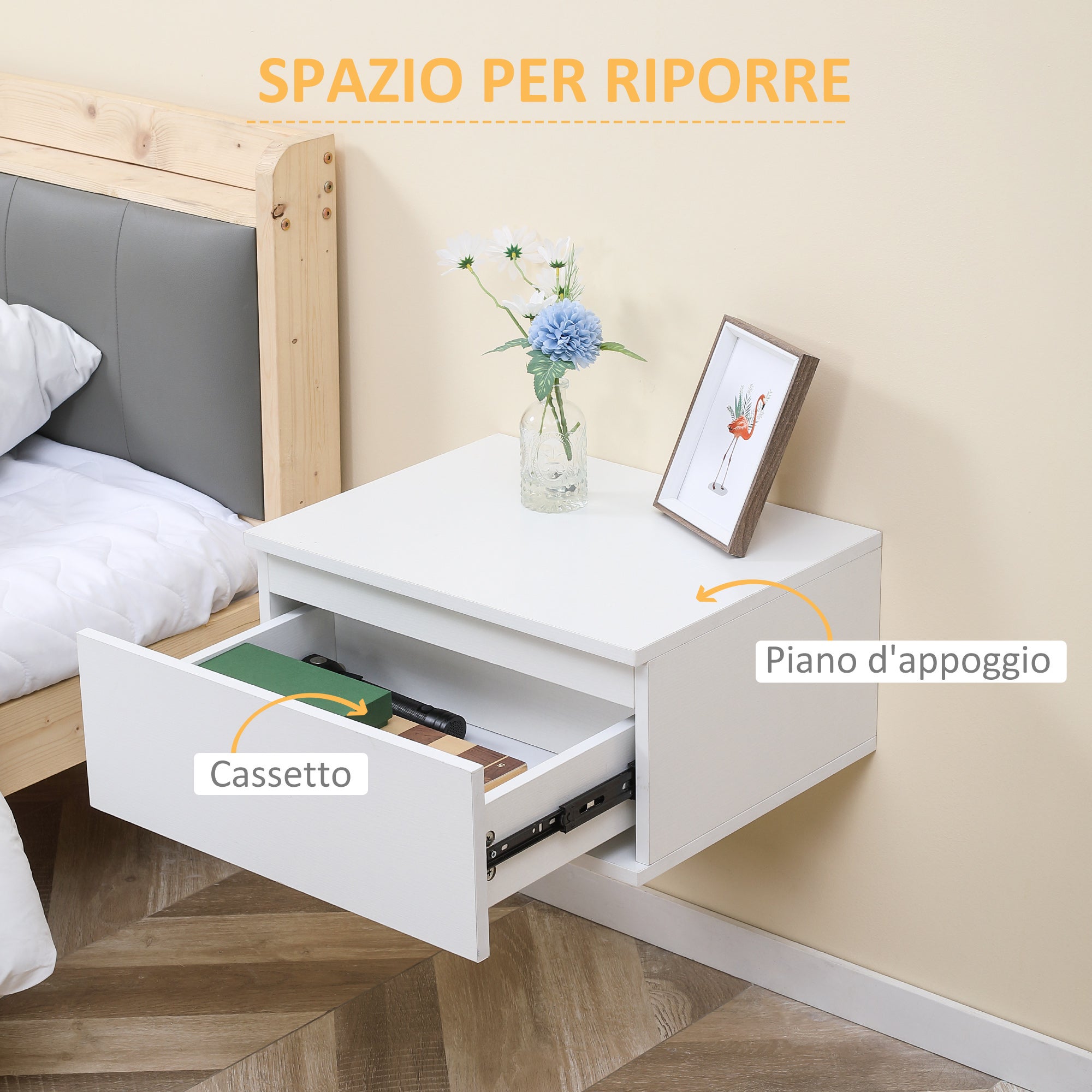 HOMCOM Comodino Set 2 Pezzi con Cassetto e Design Sospeso per Camera da Letto e Soggiorno, in Truciolato e MDF, 49x38x23 cm, Bianco - 6
