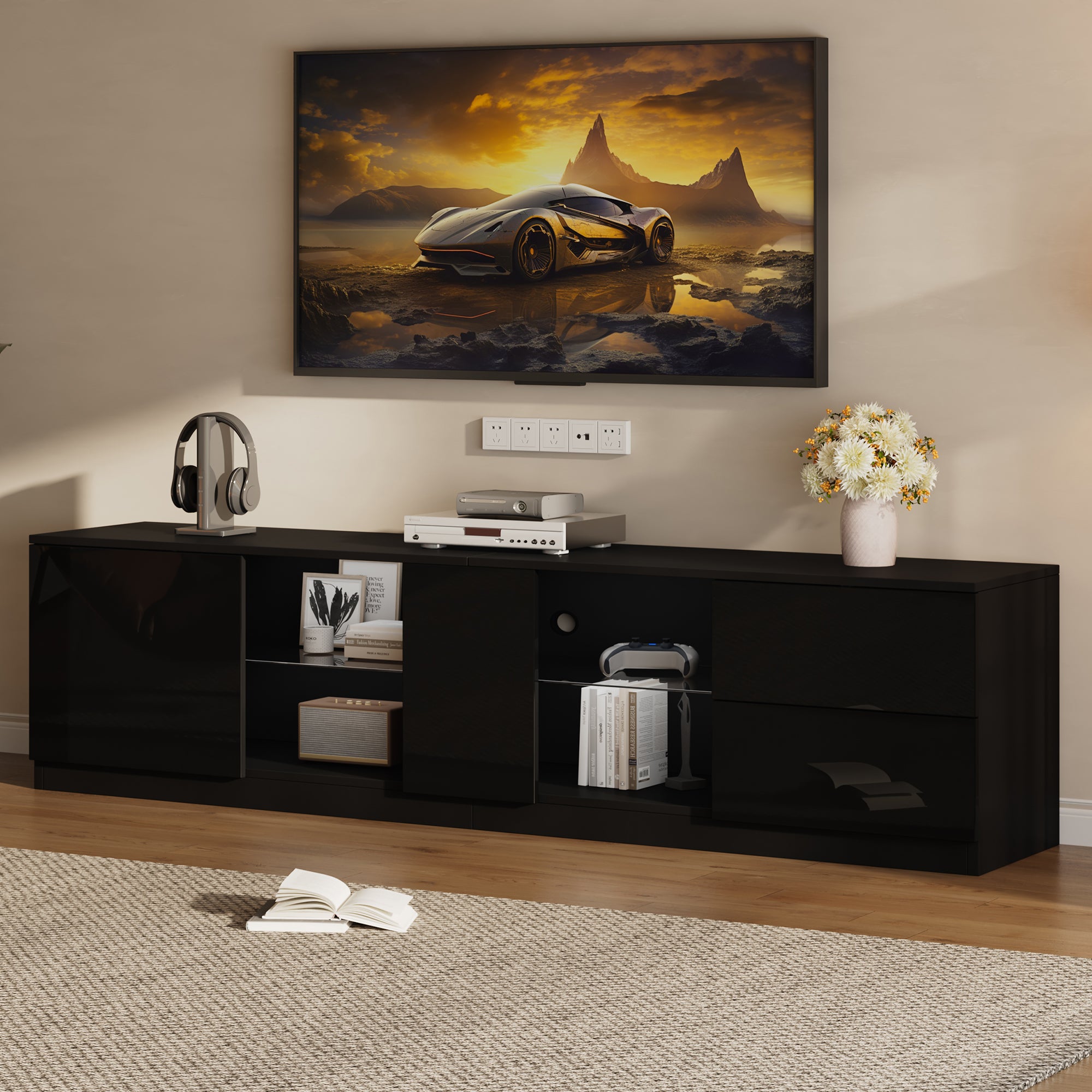 Stojak pod TV z 1 drzwiami, 2 szufladami i półkami do telewizora 65 cali - 160 x 40 x 52 cm - LED - MDF - Czarny