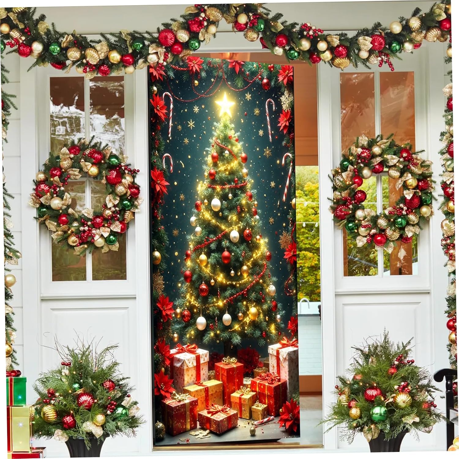 Cubierta navideña para puerta de 90 x 180 cm, decoración navideña para puerta con ojales, elástica y lavable para fiestas en casa. - 3