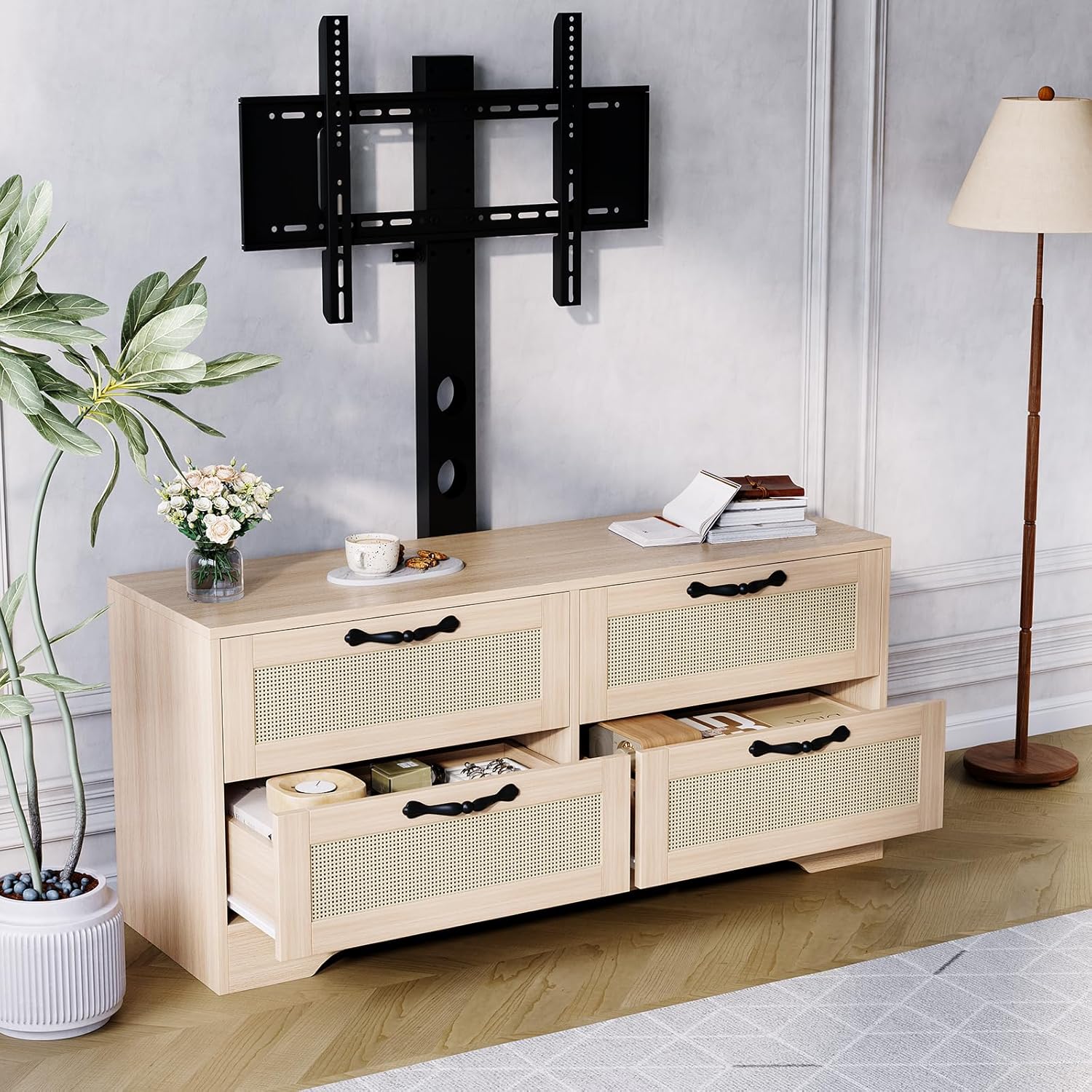Meuble TV,Support TV avec Support Réglable, rangement TV avec Portes Rotin naturel,4 grands tiroirs,pour Salon Ou Chambre - 5