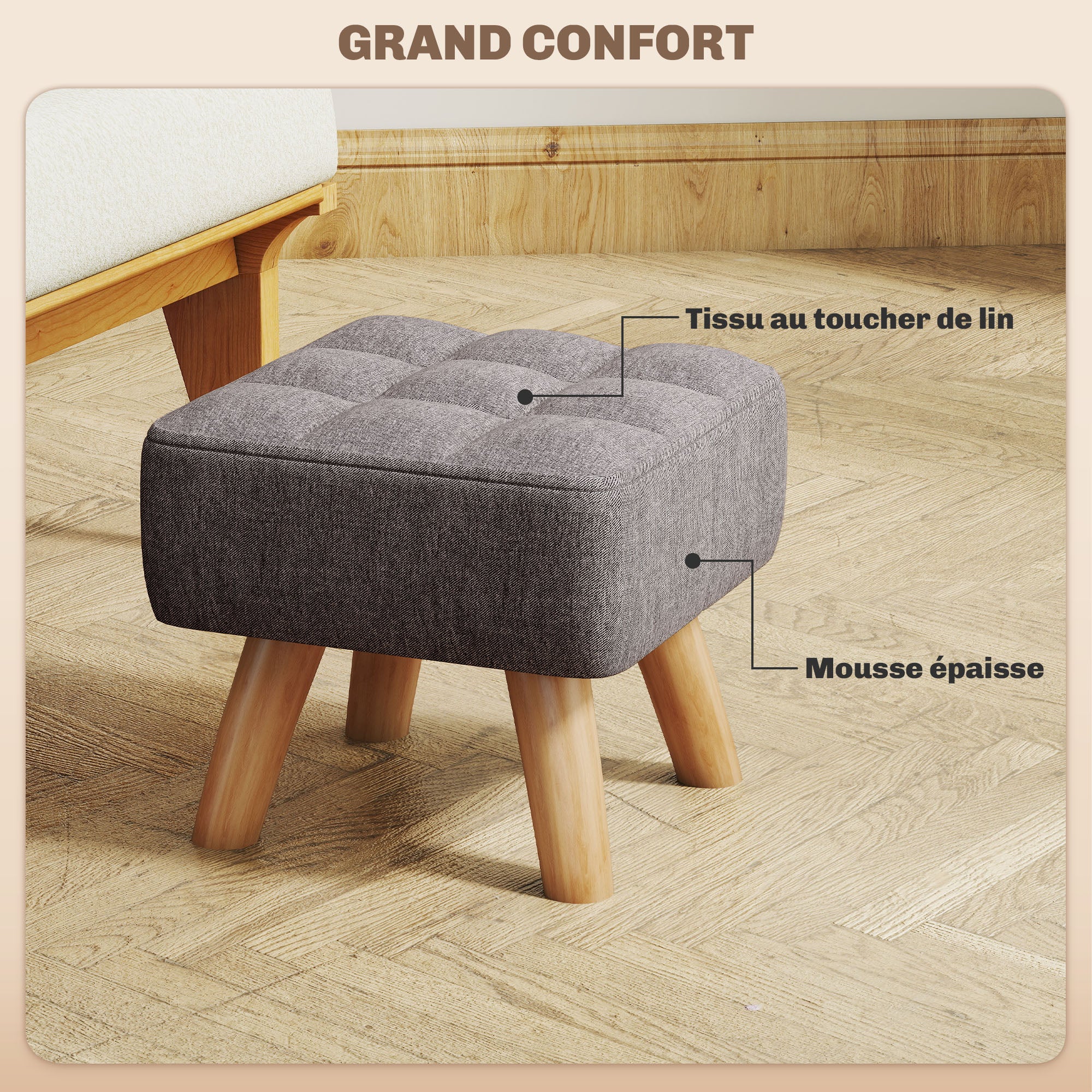Repose pied salon - HOMCOM - siège rembourré en tissu - avec pieds en bois - pour salon chambre - 27 x 27 x 26 cm - gris - 5