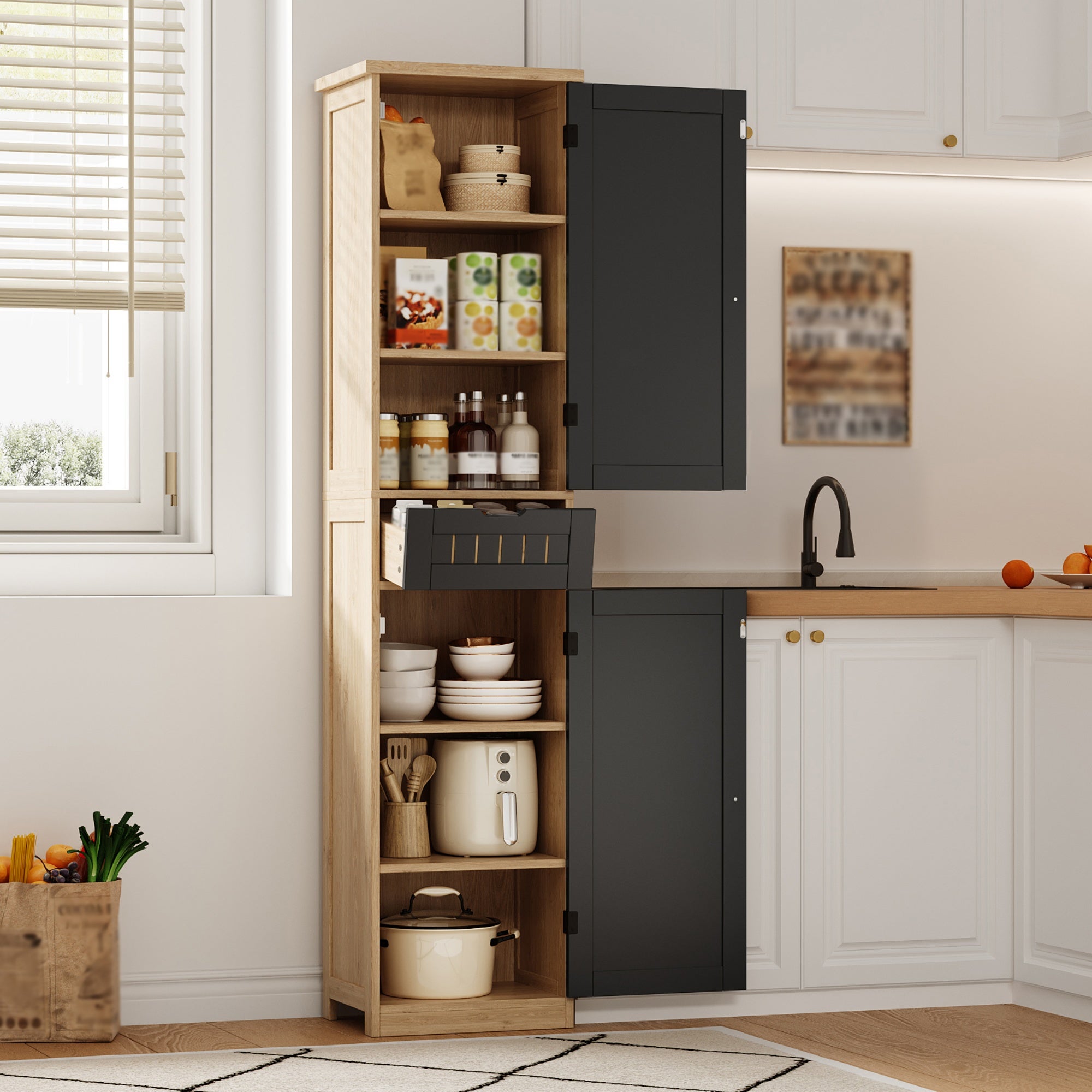 Colonne de rangement avec 2 portes, 1 tiroir et 4 étagères réglables, buffet de cuisine - 40 x 30 x 170 cm - MDF - Naturel + noir - 7