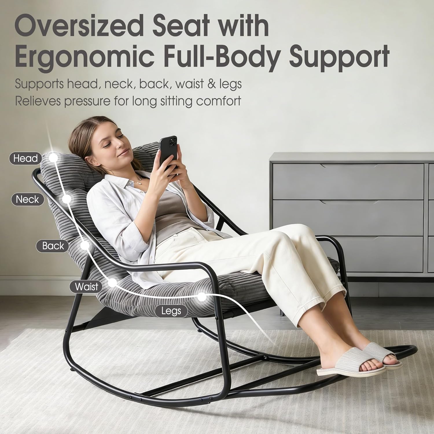 Rocking Chair Relax à Bascule avec Repose-Pieds, Coussin Velours Doux, Structure Acier Durable, Parfait pour Salon, Chambre ou Terrasse - 3