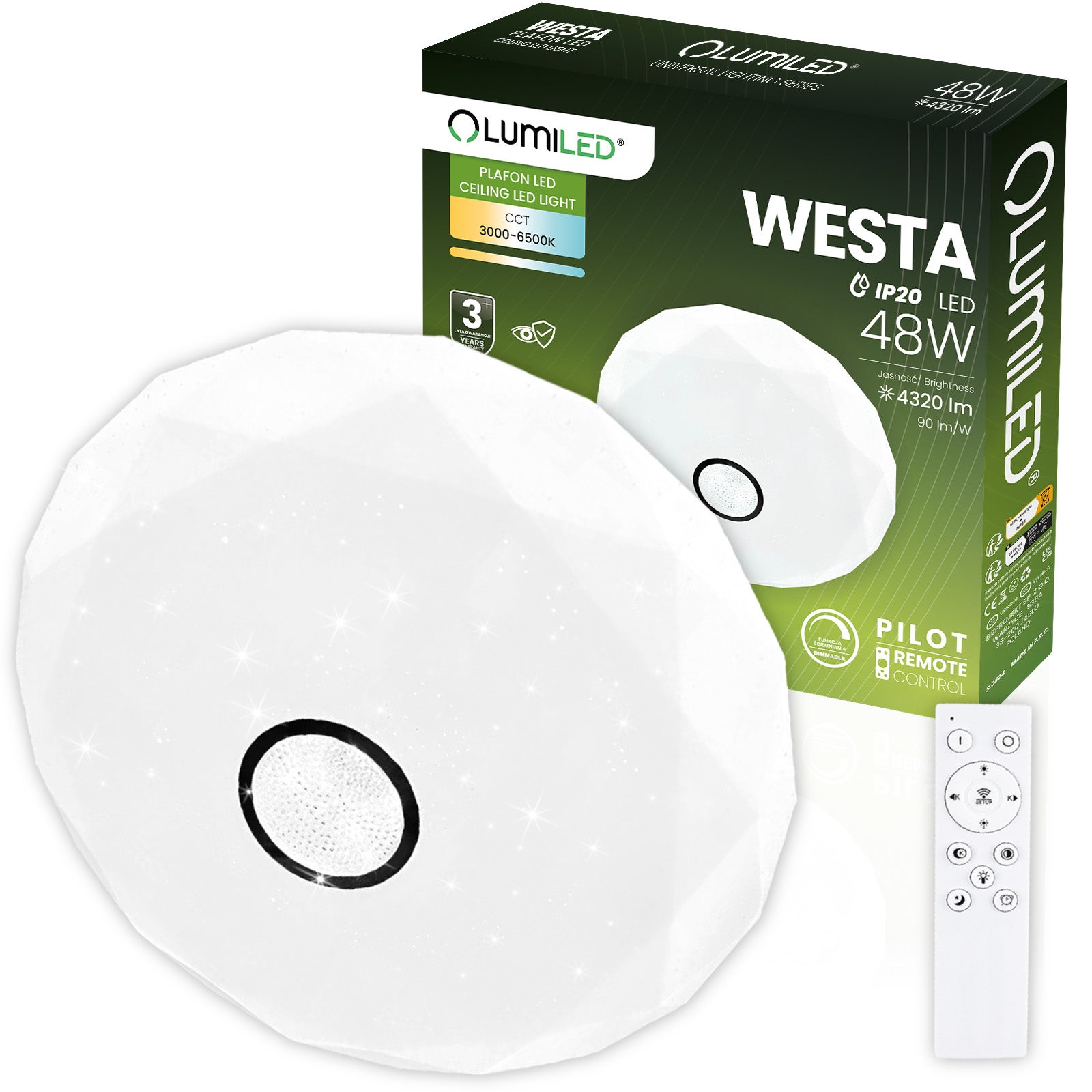Plafon Lumiled Lampa Sufitowa Natynkowa 48W CCT Biały Okrągły 40cm z Pilotem 1 szt.