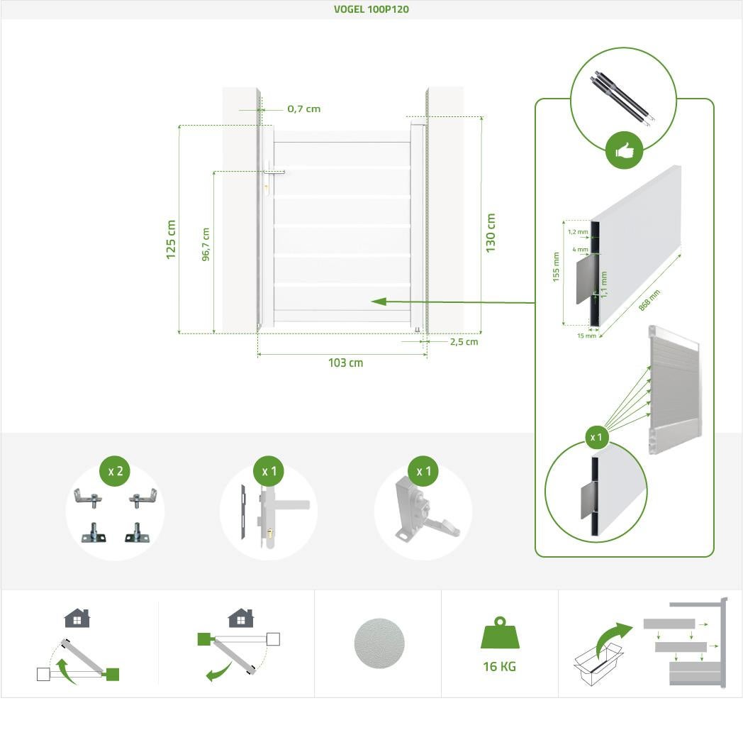 Portail battant 3m VOGEL H.120cm + Portillon 1m VOGEL H.120cm aluminium blanc - 3