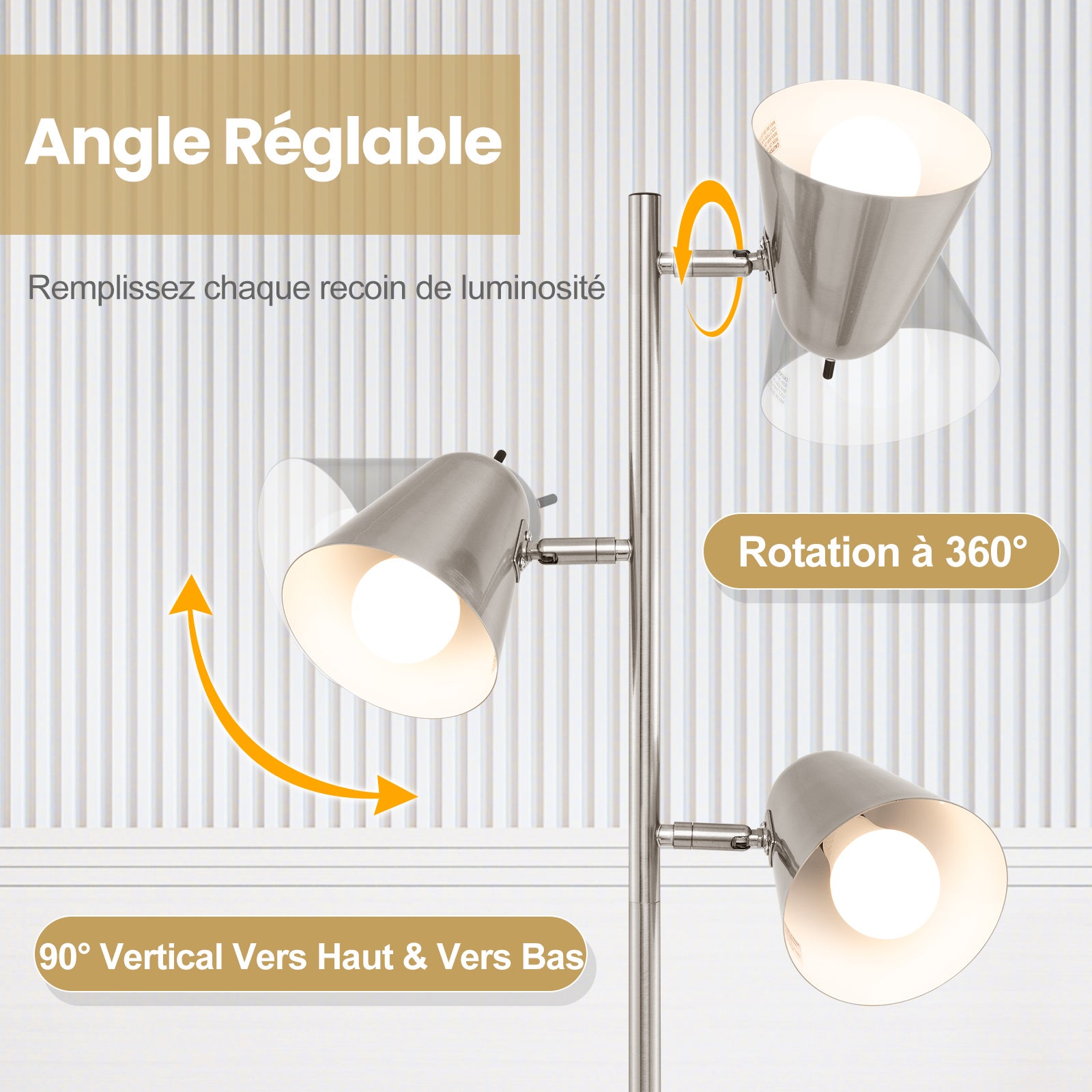 Lampadaire à 3 Ampoules H.163CM, Lampe Arbre sur Pied avec 3 Ampoules E26 A19 et Abat-jours Réglables, Poteau Métallique Robuste et Base Lourde,Argent - 5