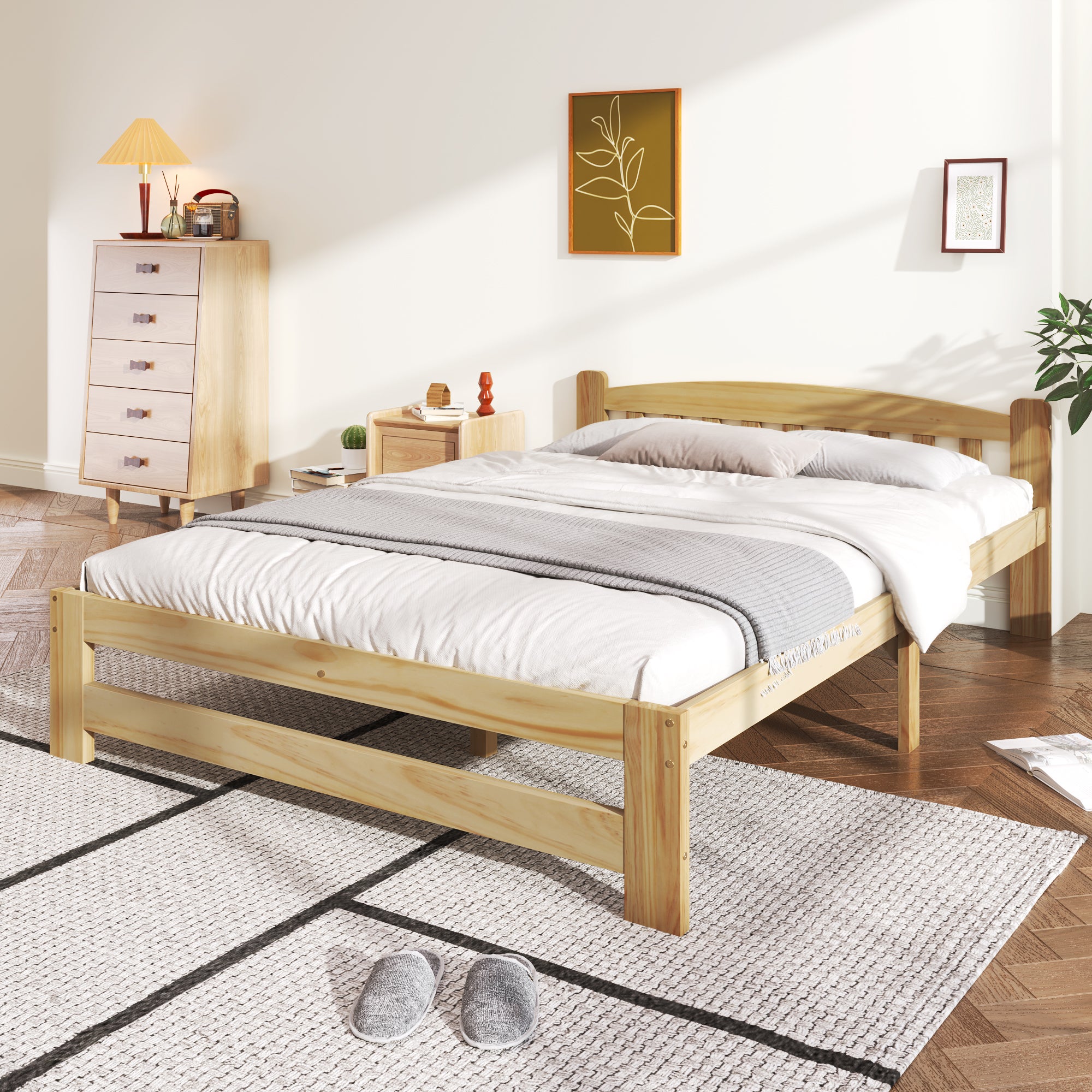 Łóżko z solidnego drewna 140x200 cm - Głowa łóżka i podsprężyna z listewkami - Sosna naturalna - Środkowe nogi dla stabilności - Czaseless design - 3