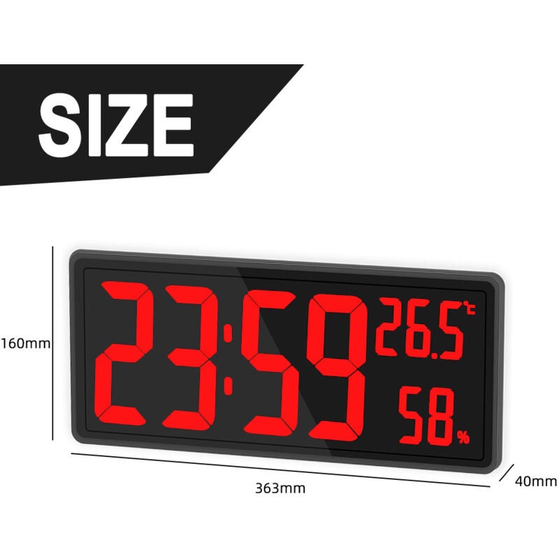 Horloge numérique grand écran, grande horloge murale numérique avec température et humidité, horloge murale numérique avec chiffres LED - 5