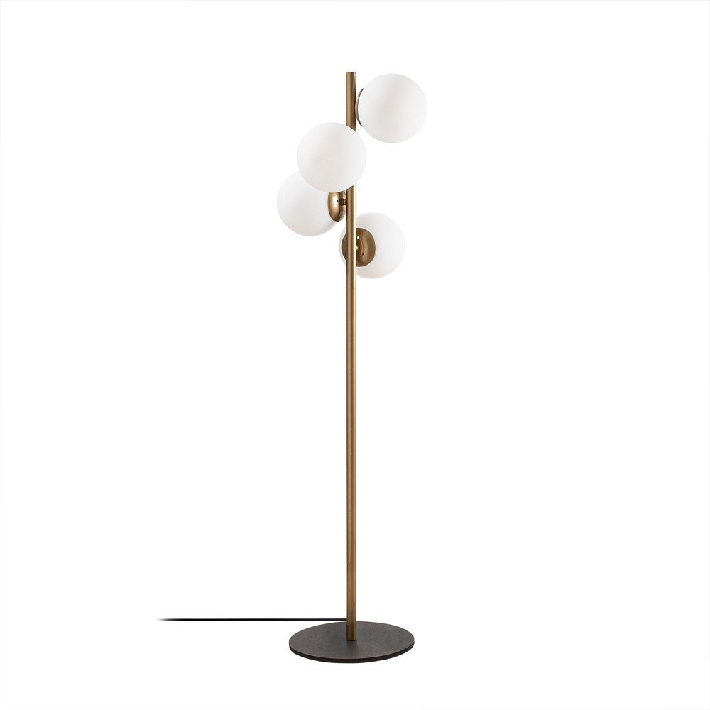 Sinza prosta lampa podłogowa 4 białe szklane kule z metalową strukturą w stylu vintage i okrągłą czarną podstawą ø32 cm