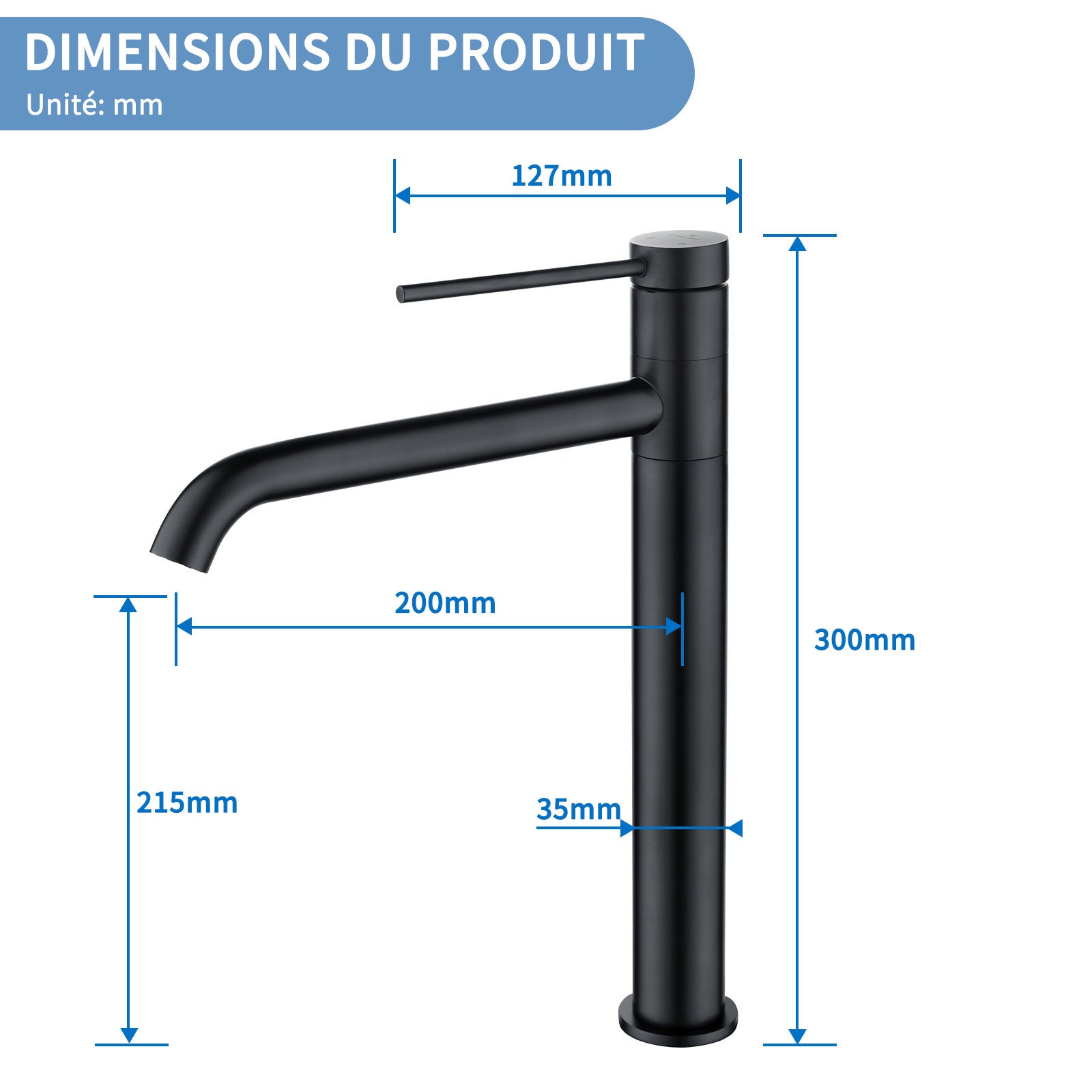 Mitigeur de Lavabo Noir Haut Bec en Inox SUS304 Robinet Salle de Bain Pivotant 360° Robinetterie Design Moderne pour Vasque - 8