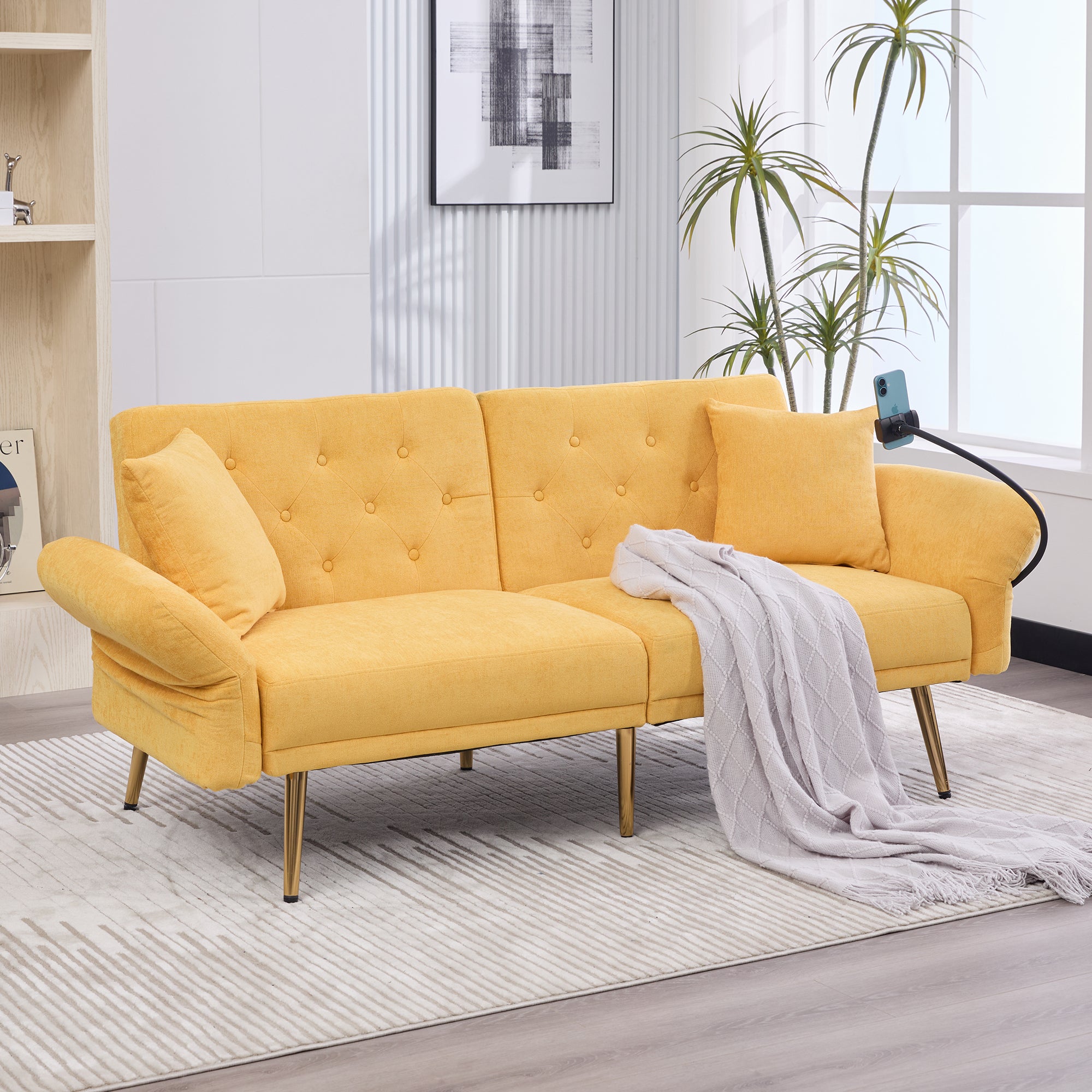 Sofa 2-osobowa z funkcją spania, portami USB i uchwytem na telefon – 173 x 78 x 78 cm – tkanina szenilowa i metalowe nogi – żółta