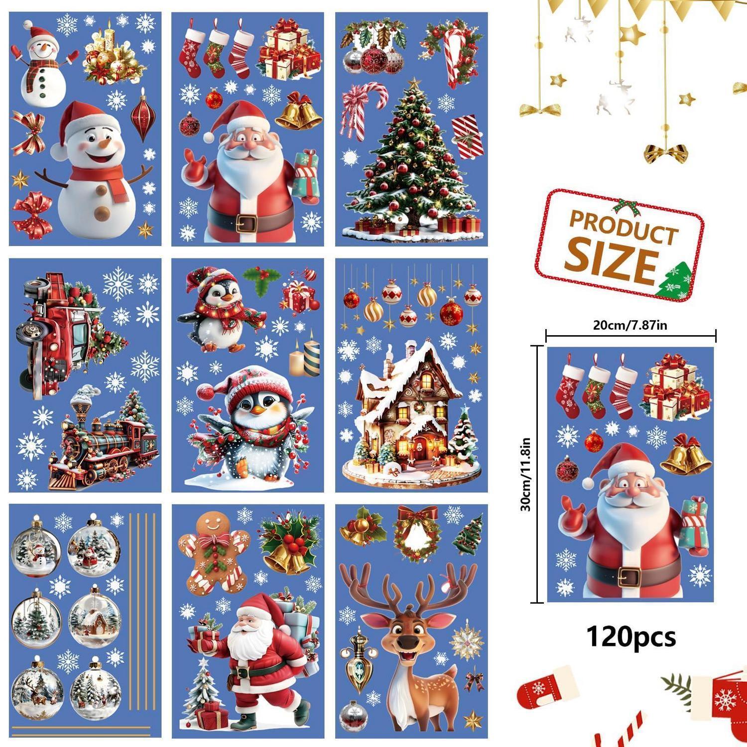 Décoration fenêtre Noël : 120 autocollants PVC, flocons, Père Noël ...