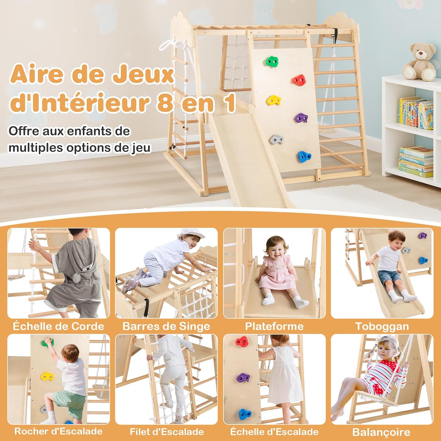 GOPLUS Estructura De Escalada Infantil 8 En 1 – Triángulo Con Tobogán, Escalera, Columpio Y Red, Centro Montessori De Interior, Para Niños De 3 A 8 Años, Madera De Haya