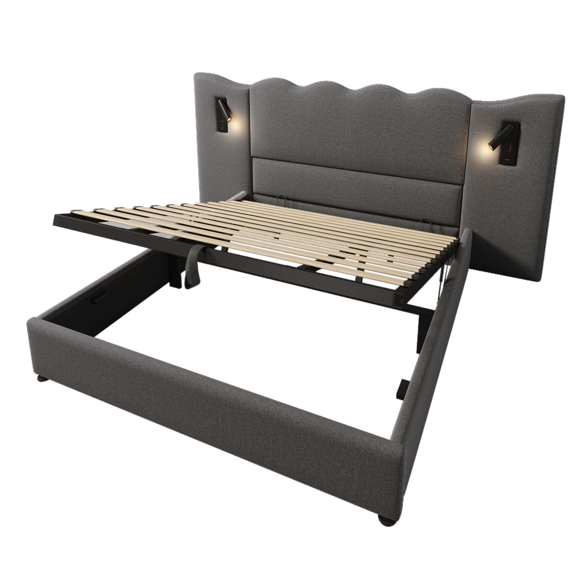 Lit double rembourré 180×200 cm avec lampe de lecture et fonction de charge USB Type-C, bois massif et métal, gris, sans matelas - 5