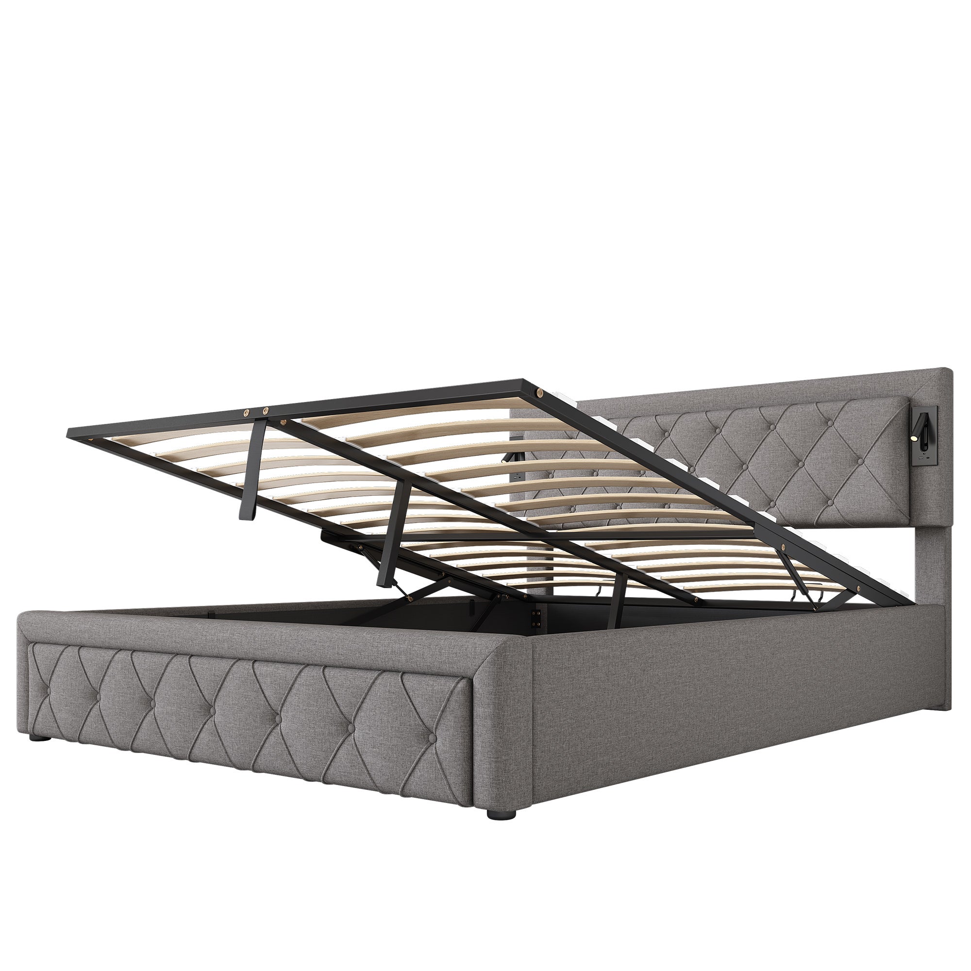 Cama contenedor de tela de lino 160x200 cm - con luz de lectura y toma USB - con somier - Gris - 8