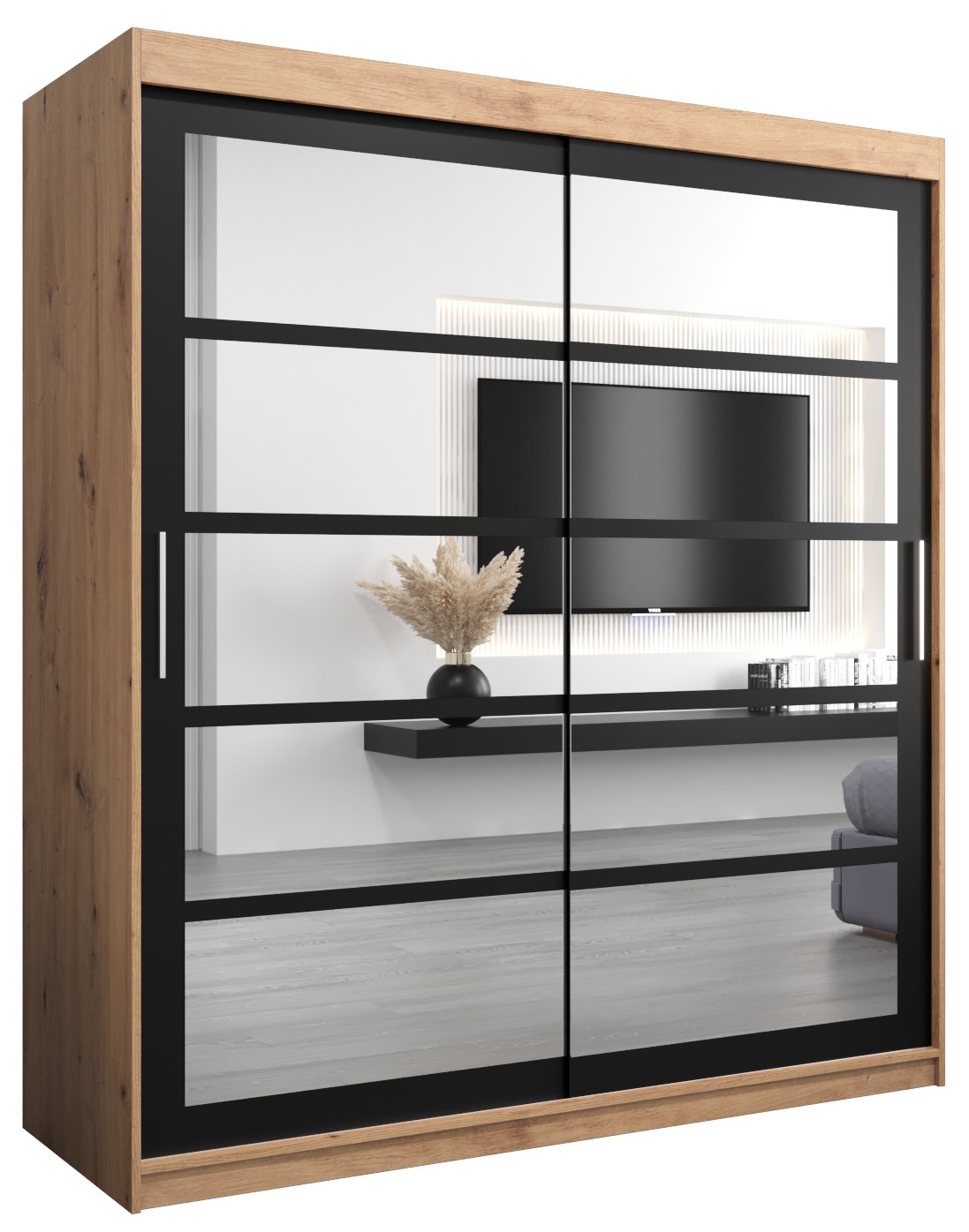 Szafa przesuwna garderoba ROMA 2 180 x 62 x 200 cm Artisan + Czarny - Abiks Meble