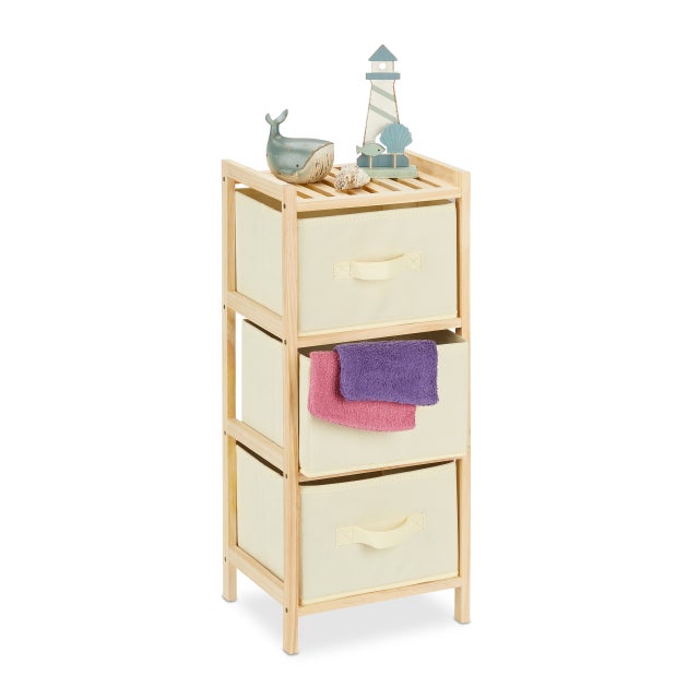 Relaxdays Estantería Baño con 3 Cestas Plegables, Almacenaje, Repisa Pequeña con Cajones, 65x28x25,5 cm, Beige