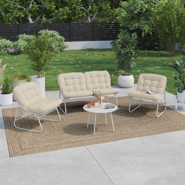 Salon de jardin bas ARONA 4 places en acier blanc et coussins beiges avec canapé, fauteuils et table