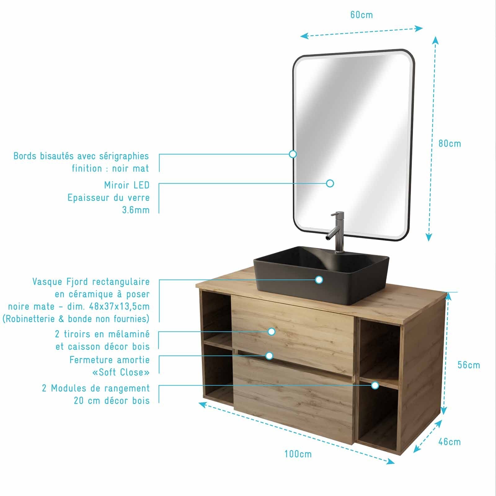Meuble salle de bains 100 TIMBER Décor Chêne 2 Tiroirs Vasque Noire Rectangulaire Miroir LED 60x80 - 4