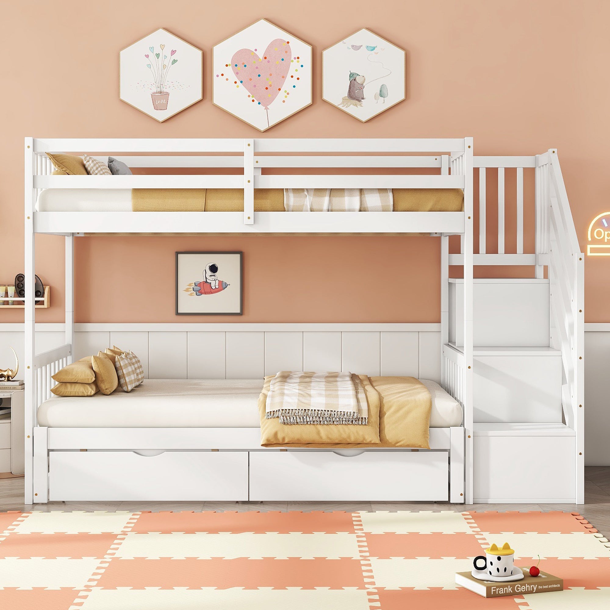 Letto A Castello In Legno Pino 90x200/120x200 Cm - Bianco, Con Sponde - Foto 7