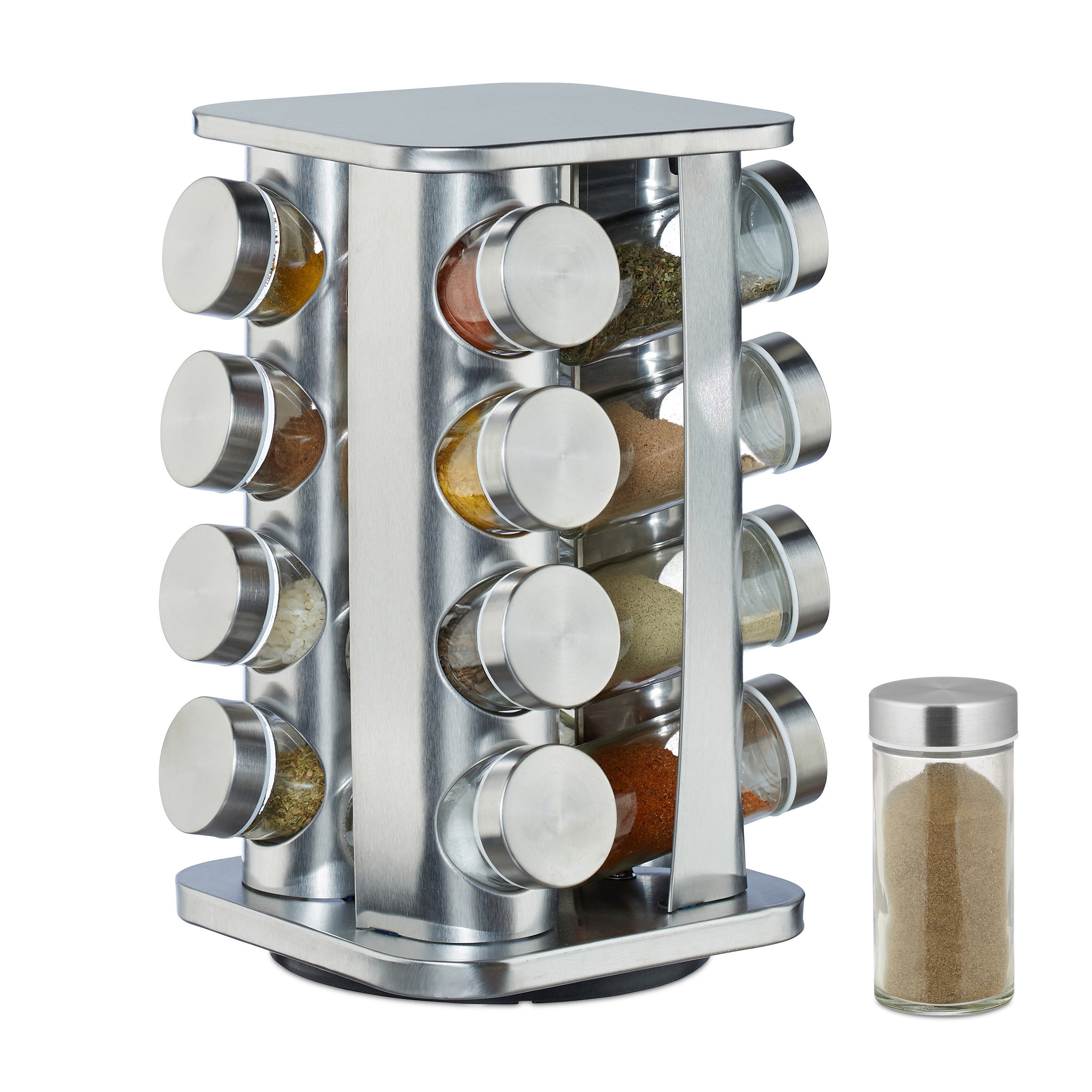 Relaxdays Portaspezie Da Cucina, 16 Barattoli, 40 Etichette, Girevole A 360°, Acciaio Inox E Vetro, 29 X 22 Cm, Argento