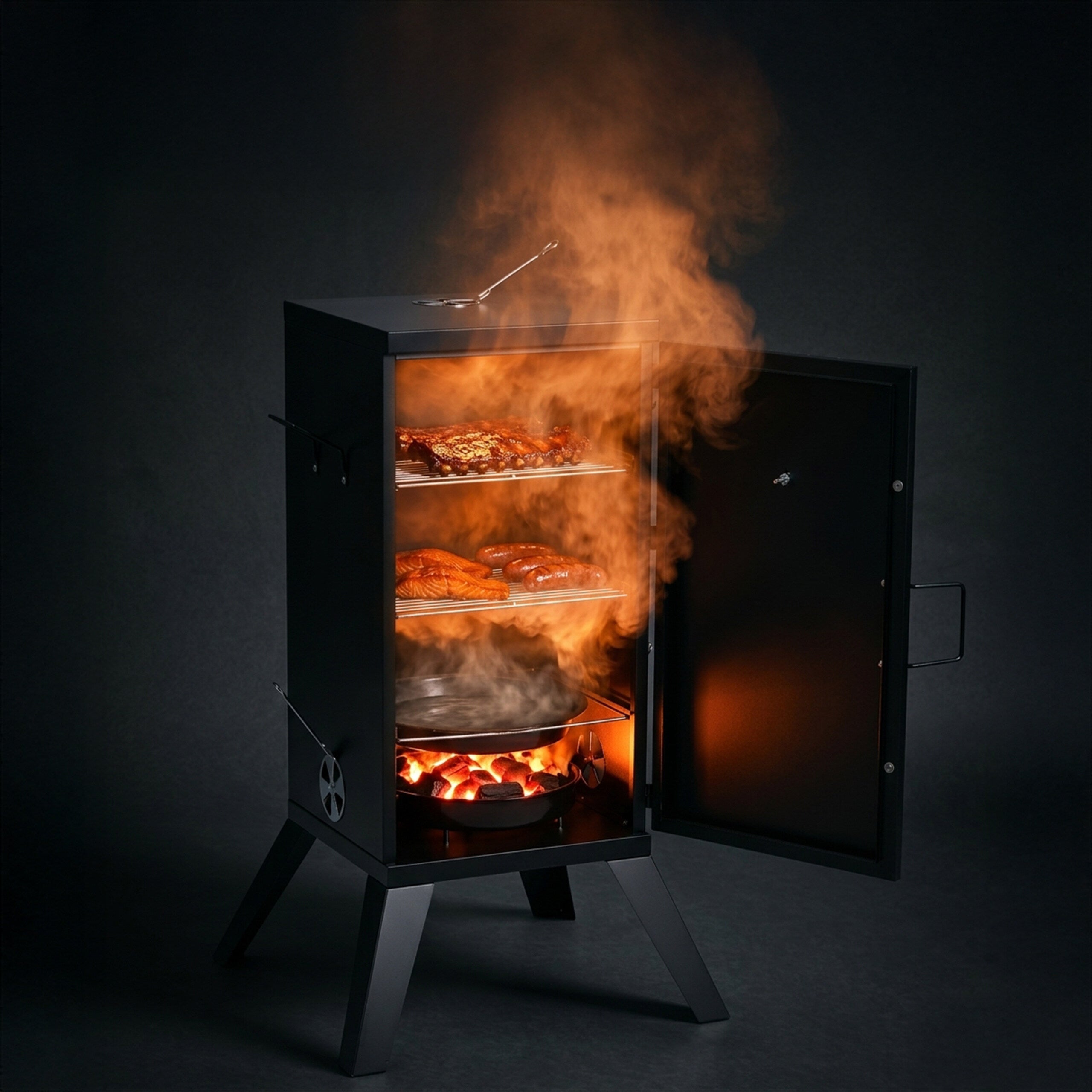Fumoir à charbon pour viande et poisson, 2 niveaux, avec thermomètre, en acier noir, 108,5 x 57 x 56 cm, Relaxdays - 3