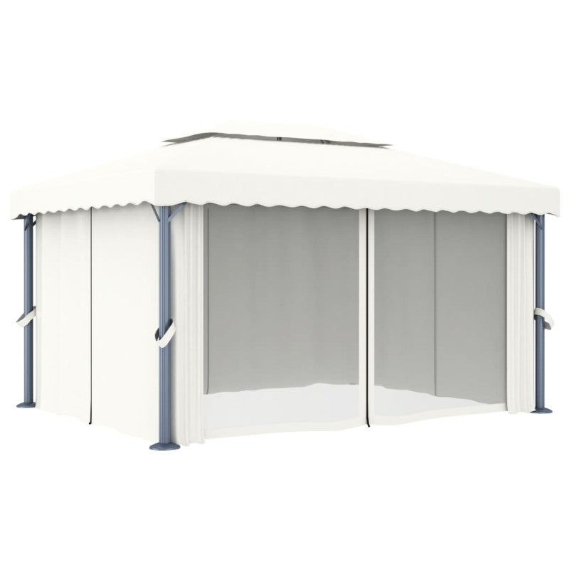 vidaXL Cenador con cortina y tira de luces LED aluminio crema 4x3 m - 5