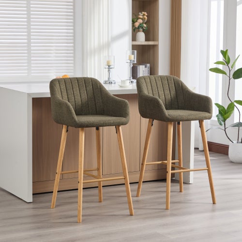 Lote de 2 taburetes de bar modernos con respaldo, reposabrazos, asiento de lino y pies de madera, verde - 3