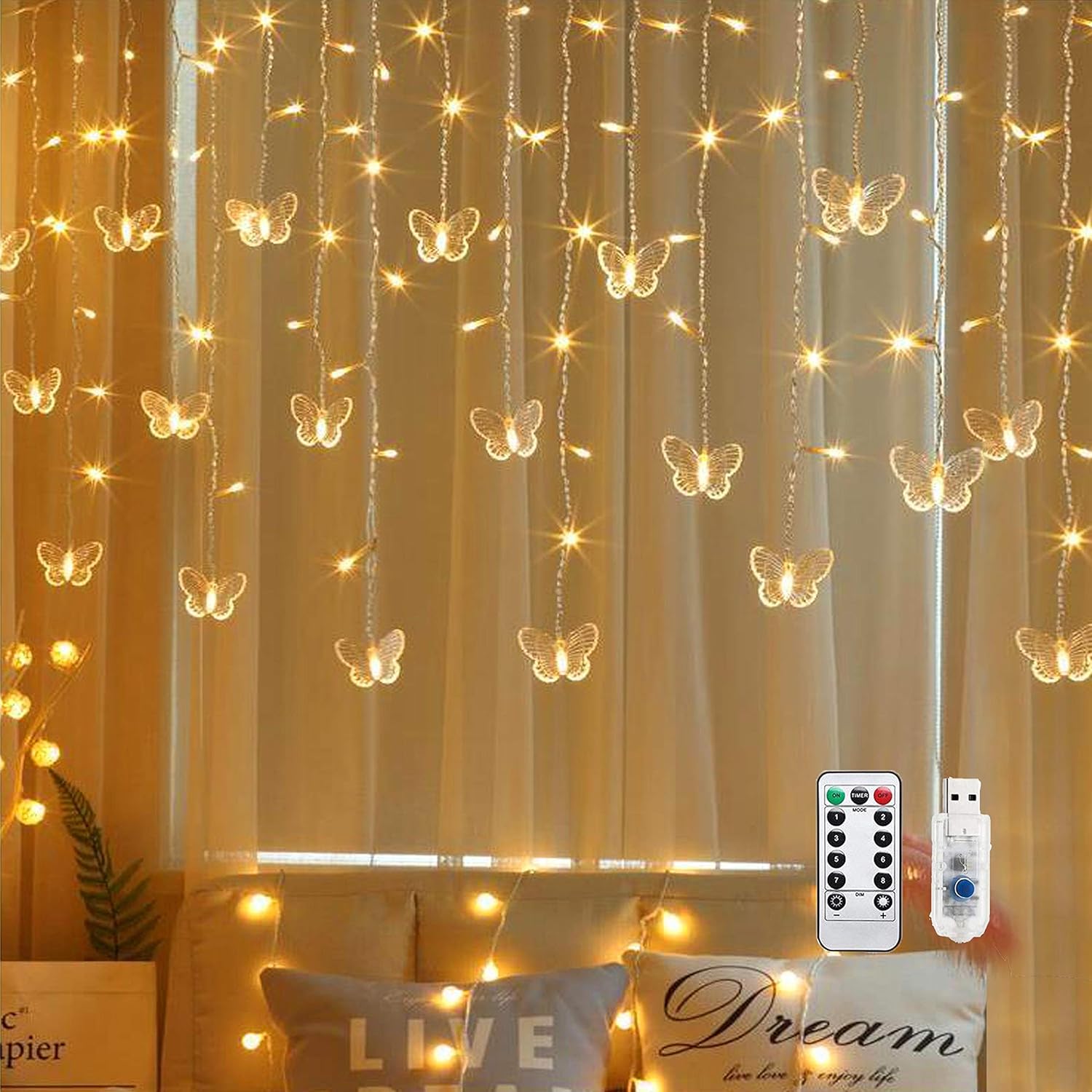 Kurtyna świetlna LED Butterfly – 8 trybów – Nadaje się do użytku domowego (Butterfly – Ciepłe białe światło)