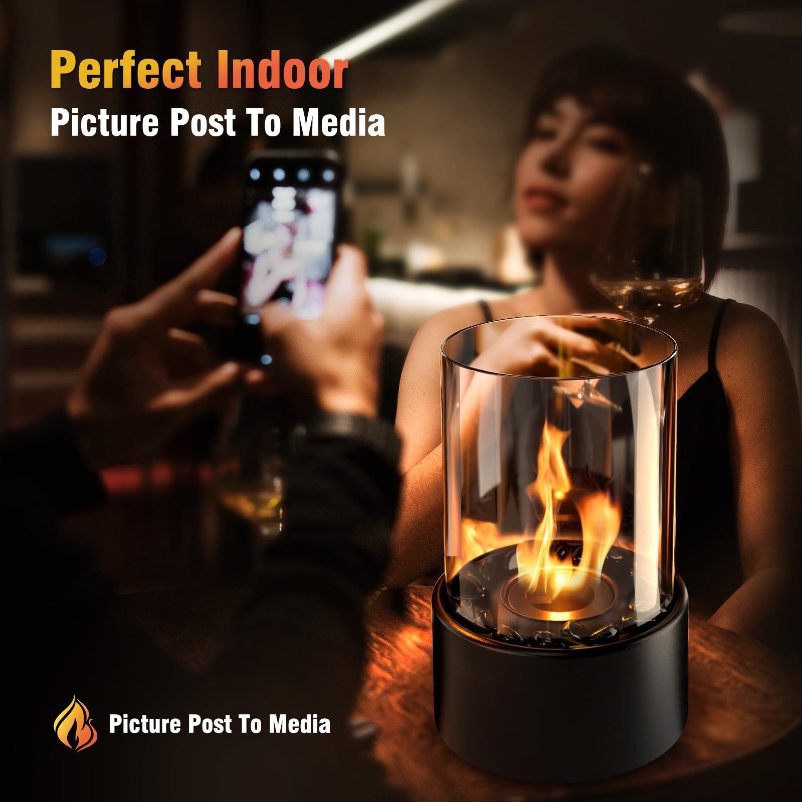 Cheminée de Table Extérieure, Cheminée Éthanol Intérieure avec Couvercle en Verre Coupe-Vent, Mini Feu de Table - 5