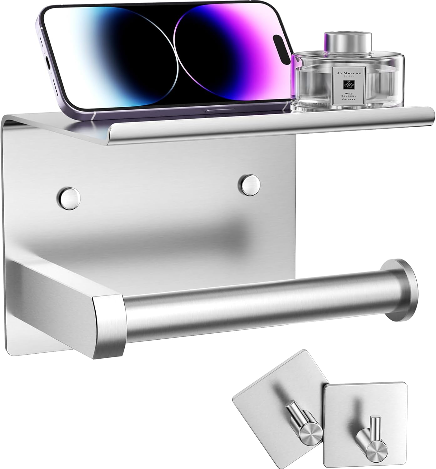 Uchwyt na papier toaletowy - srebrny - z przegródkami - hak łazienkowy - stal nierdzewna