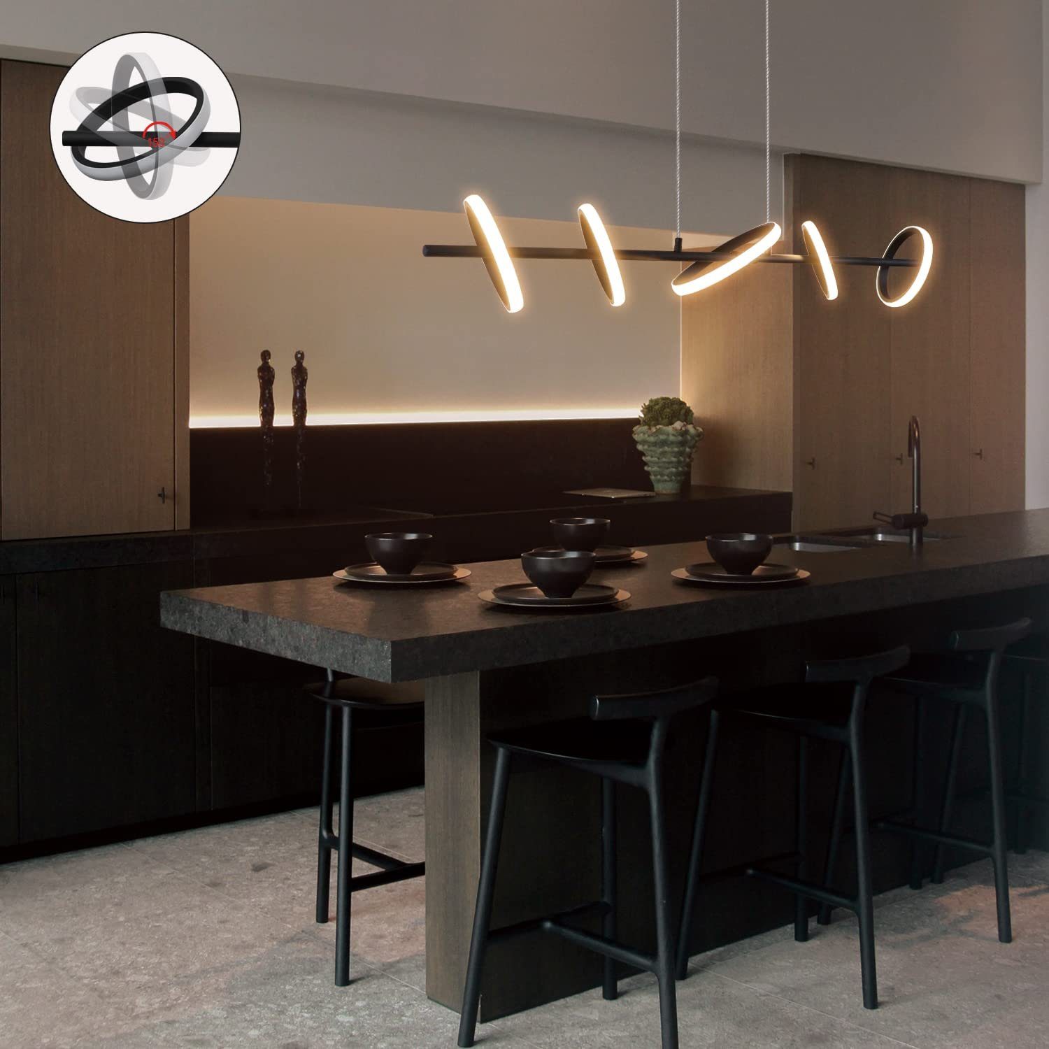 ZMH Nowoczesna lampa wisząca LED - 150 cm czarny pierścień świetlny, zdejmowany i obrotowy, z możliwością ściemniania