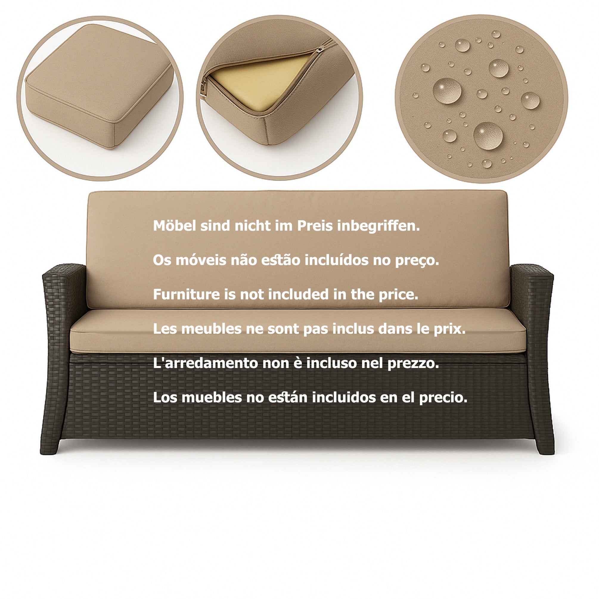 Cuscino Rettangolare Per Divano 2-3 Posti E Panca Da Giardino | Antiscivolo Con Lacci | Morbido E Resistente Alle Intemperie | Cotone E Poliestere | Spessore 3 O 5 Cm | Marrone 160x40 Cm - 4