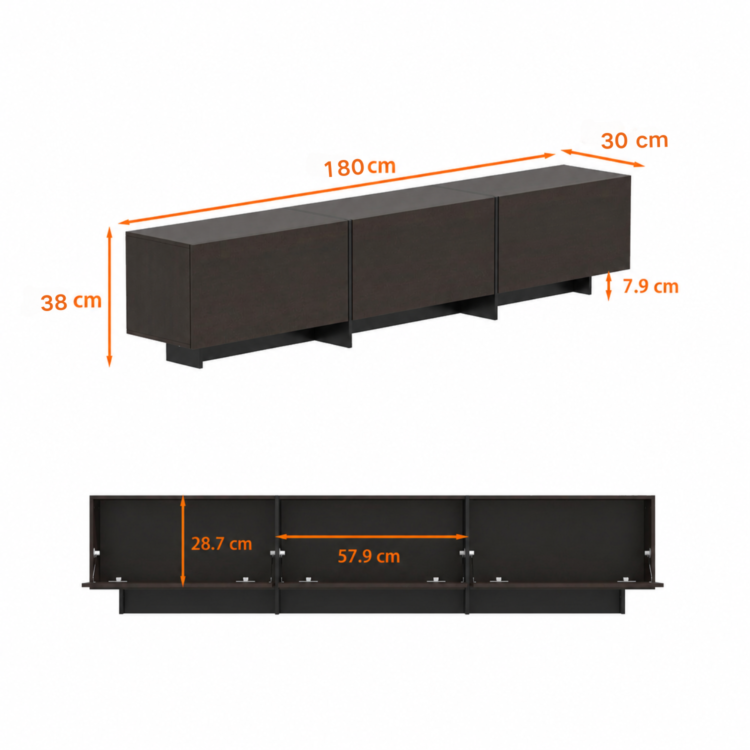 Meuble TV Support TV avec 3 Portes avec avec Aspect du Bois, Salon et Chambre, 180x30x38cm, Marron Foncé et Noir - 3