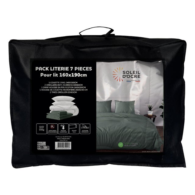 Ensemble couette et parure 7 Pièces BOHEME kaki pour lit en 160x200 cm, par Soleil d'ocre