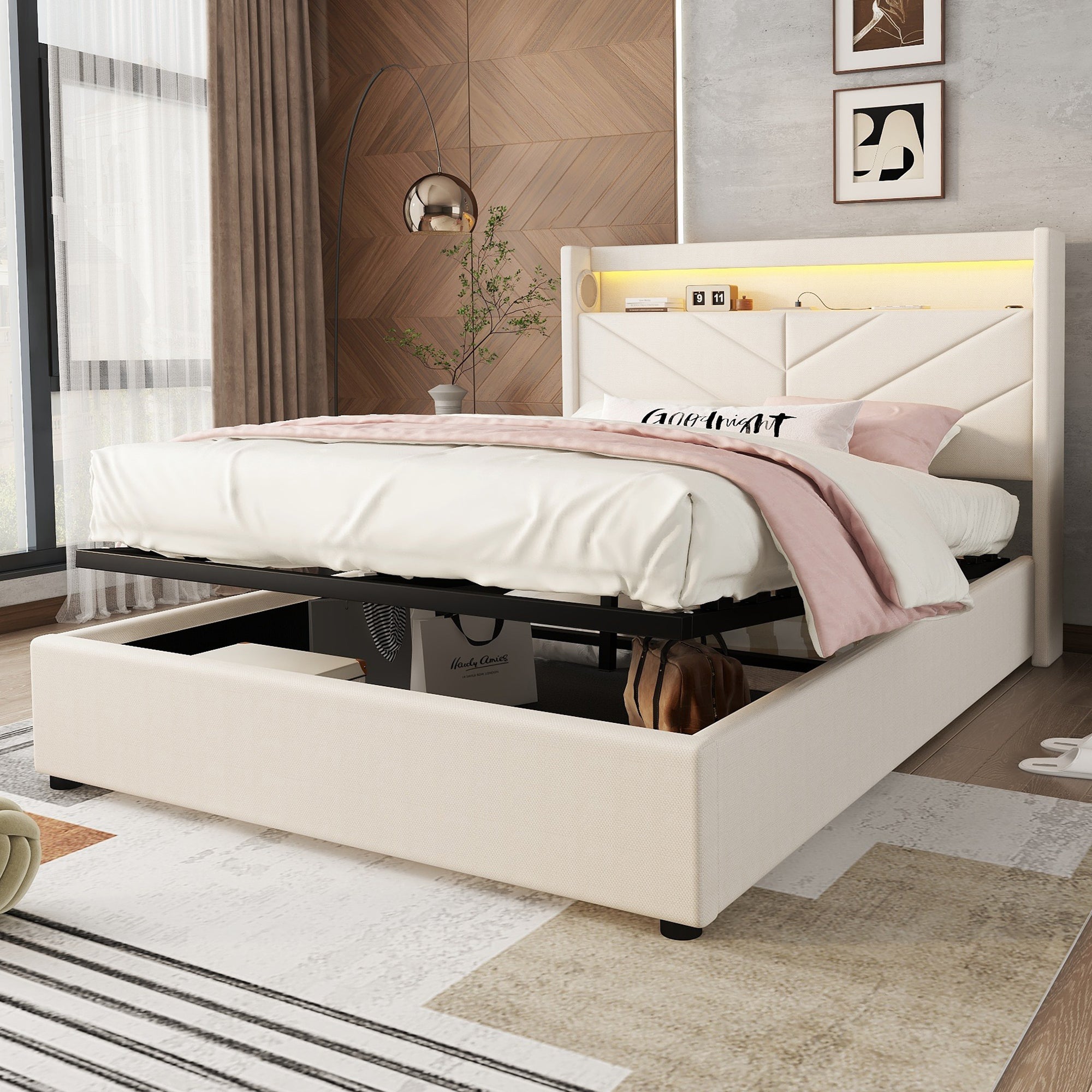 Lit Coffre 160x200 Avec LED, USB Et Enceintes - 4 Tiroirs De Rangement, Tête De Lit Réglable En Velours Beige - Cadre Robuste 250 Kg
