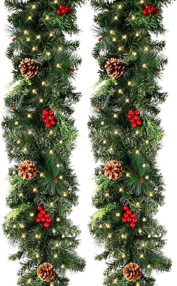 Sztuczna girlanda choinkowa 270 cm z 50 diodami LED – Szyszki i czerwone owoce – Dekoracja świąteczna na kominek, drzwi i schody