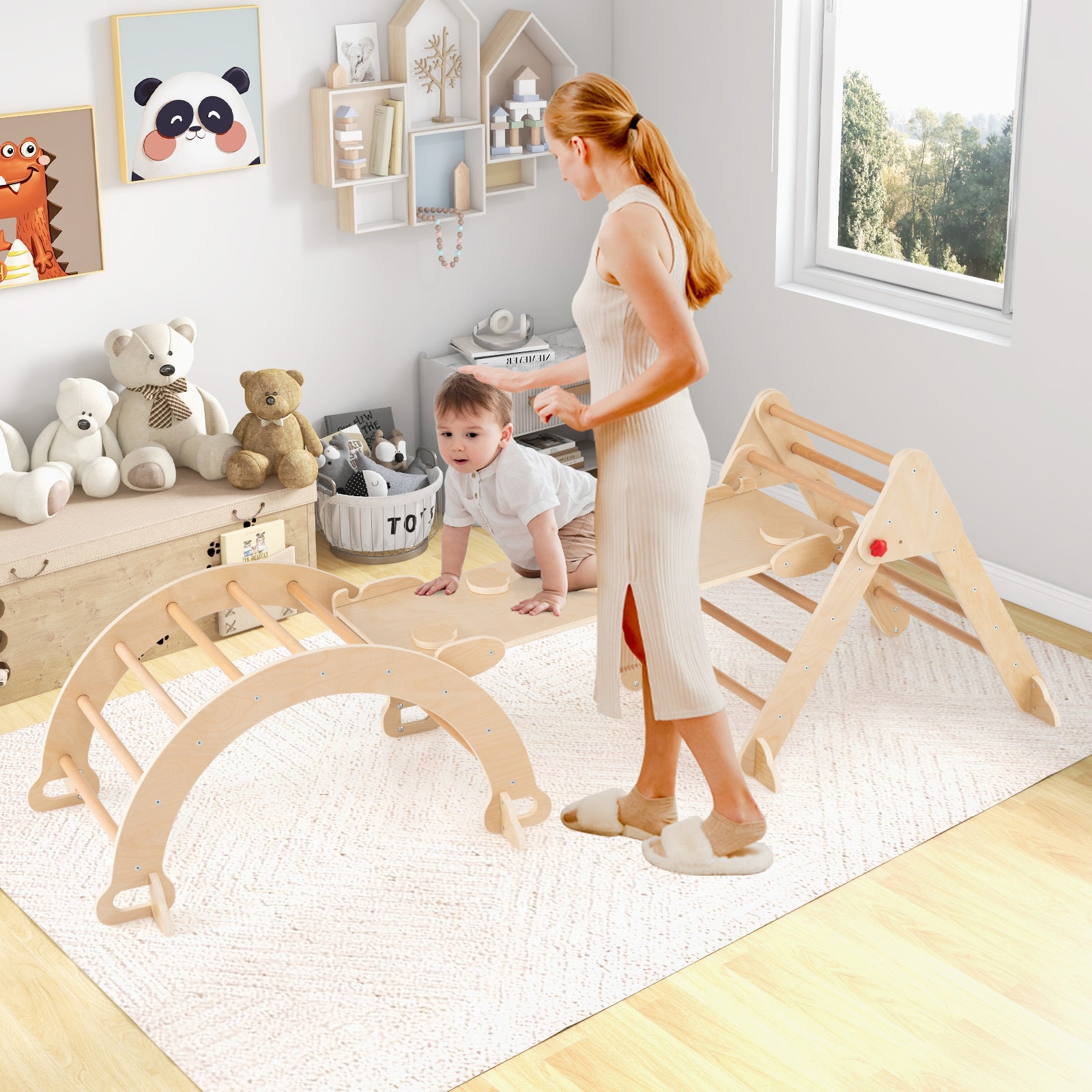 7 en 1 Triangle Arche Montessori, Arche d'escalade Enfants avec Toboggan Bois,Rampe, Échelle Réglable, Parcours Motricité Bois Montessori - 5