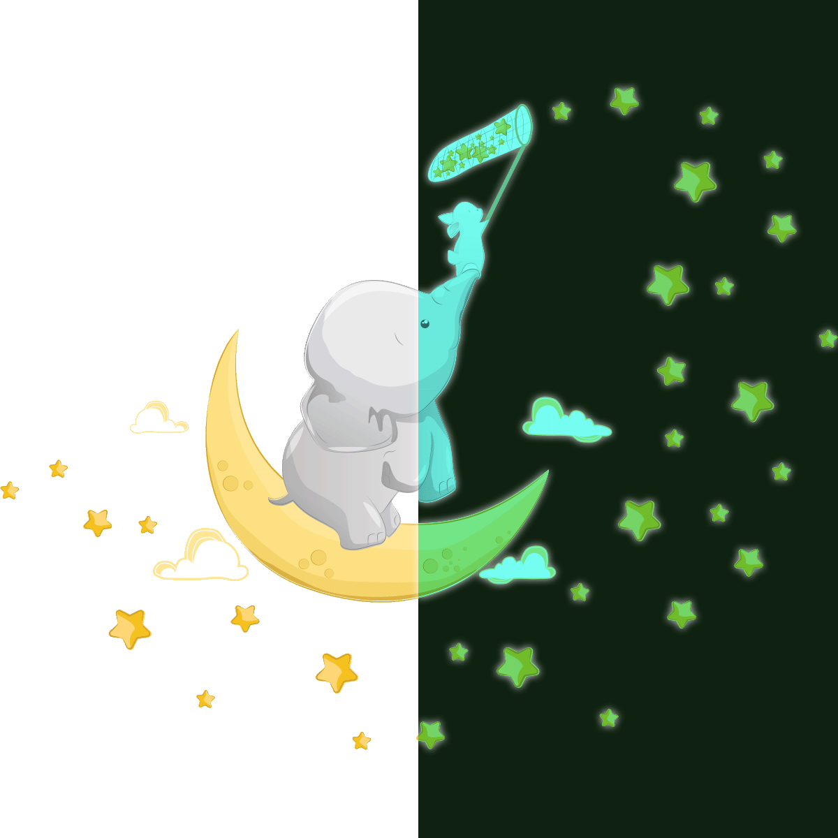 Adesivi fosforescente elefante e coniglio catturano le stelle + 110 stelle - Sticker adesivo - adesivi murali - 145x110cm - 2